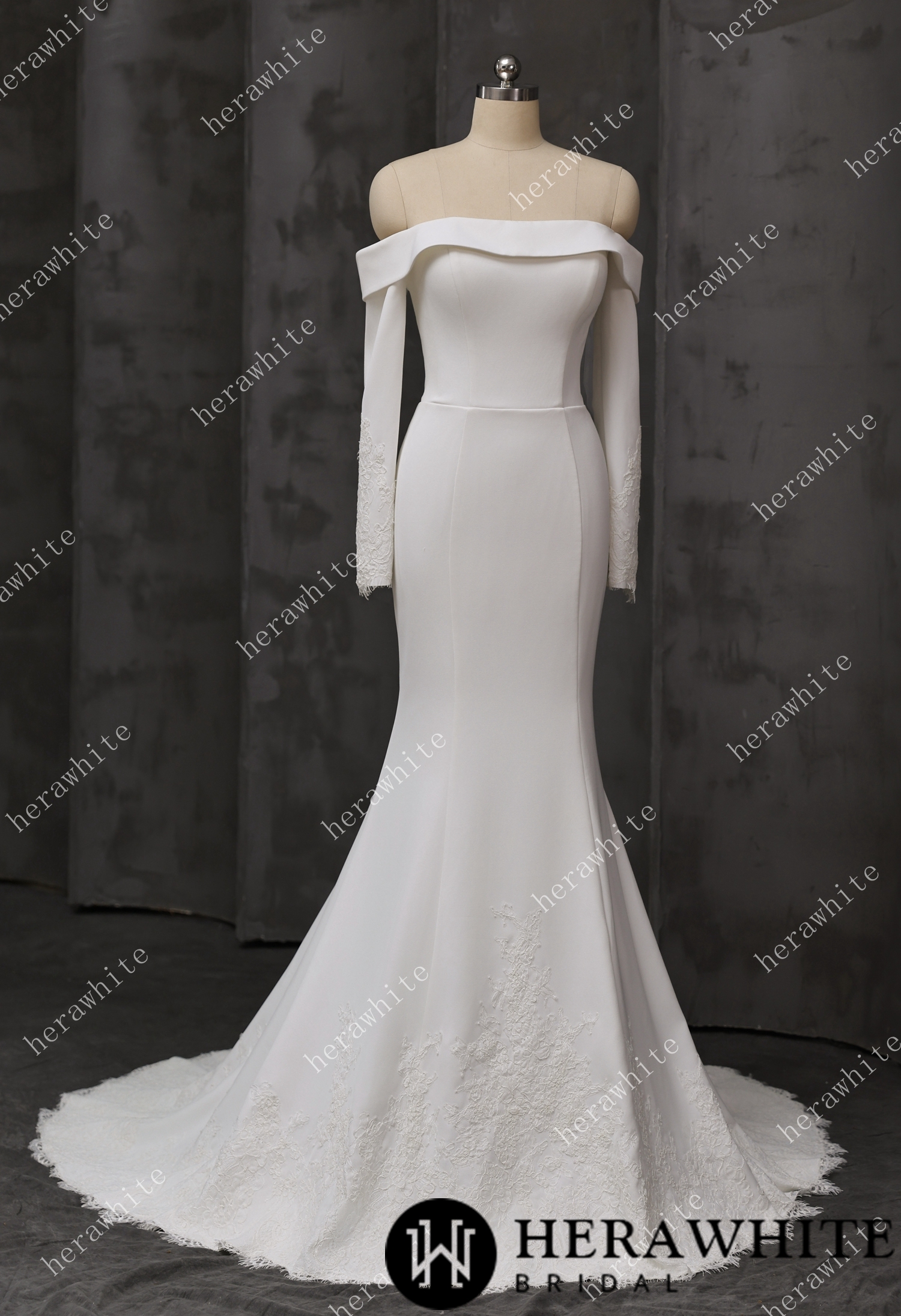Elegant Off-Shoulder Mermaid Wedding Dress with Long Sleeves and Lace Train