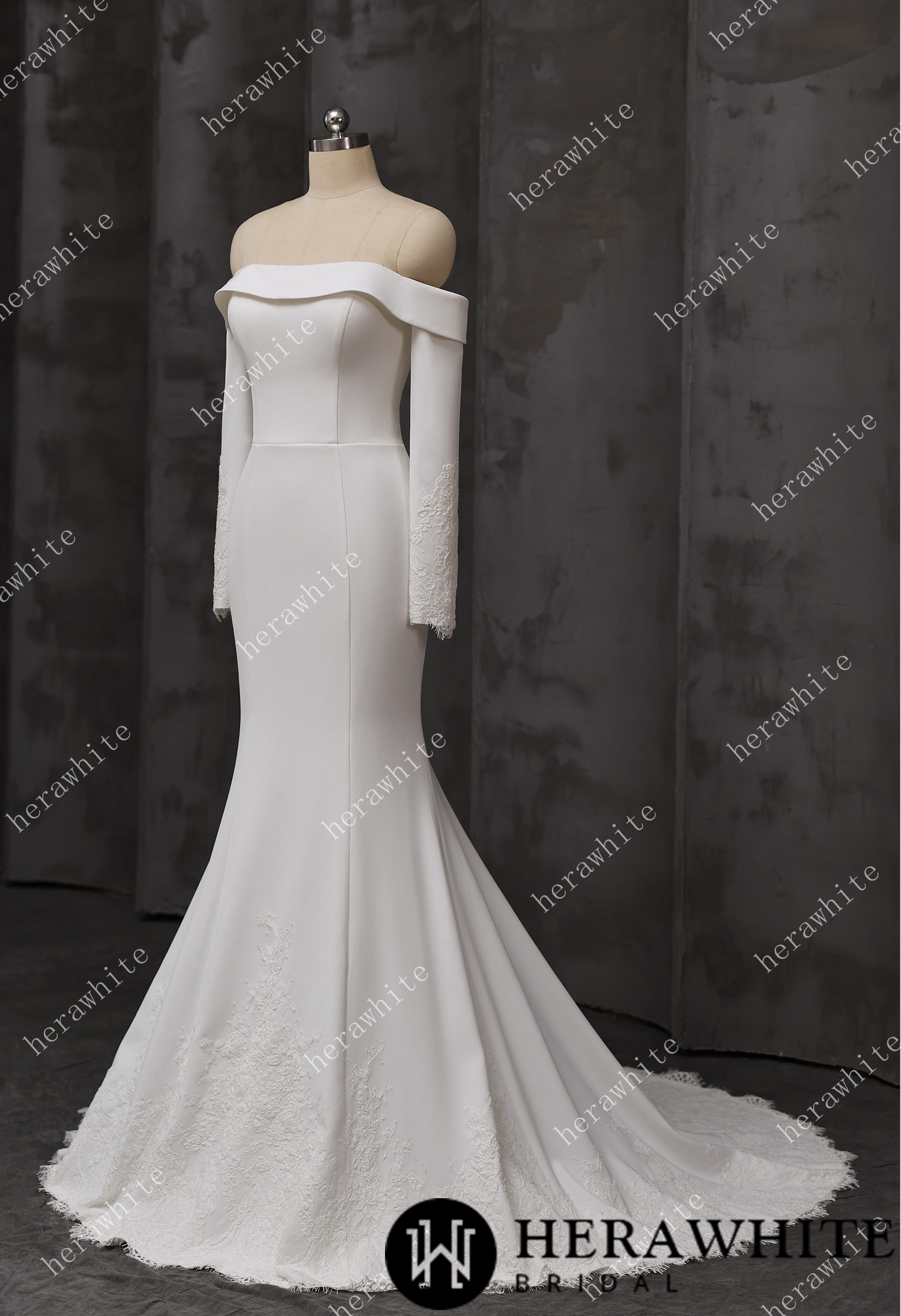 Elegant Off-Shoulder Mermaid Wedding Dress with Long Sleeves and Lace Train