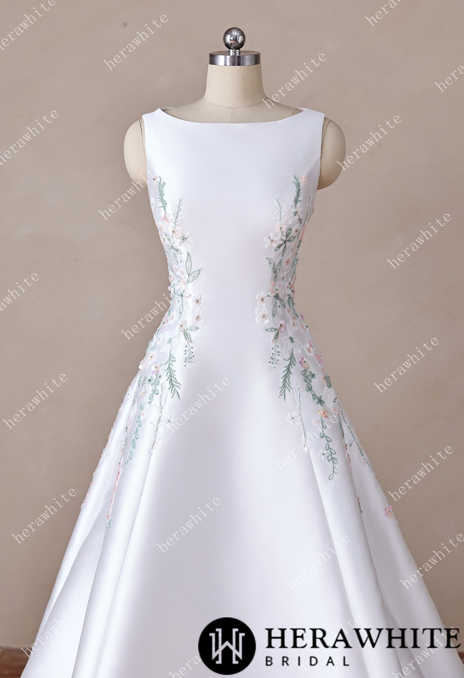 High Neck Satin Ballgown with Florals and Open Back
