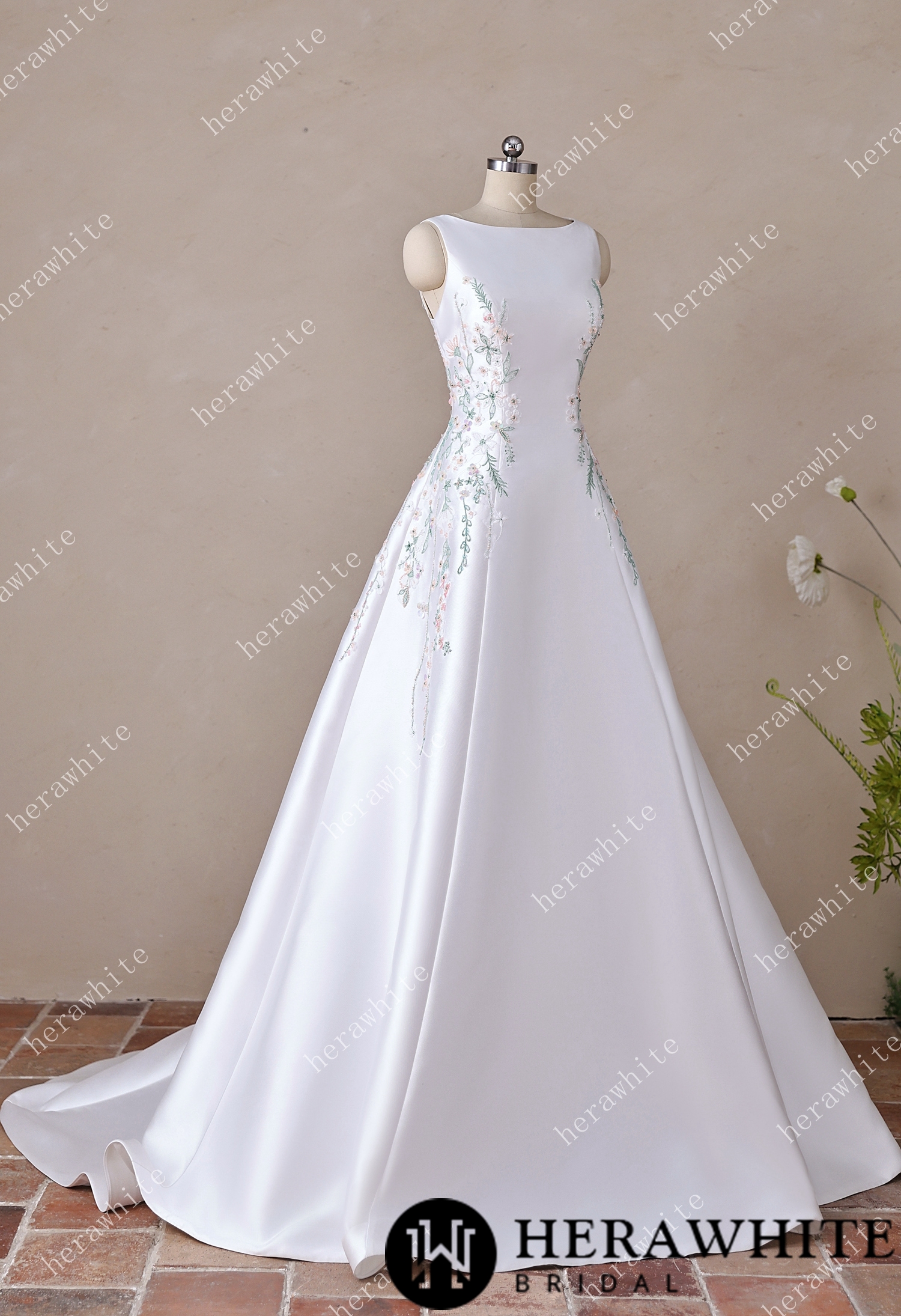 High Neck Satin Ballgown with Florals and Open Back
