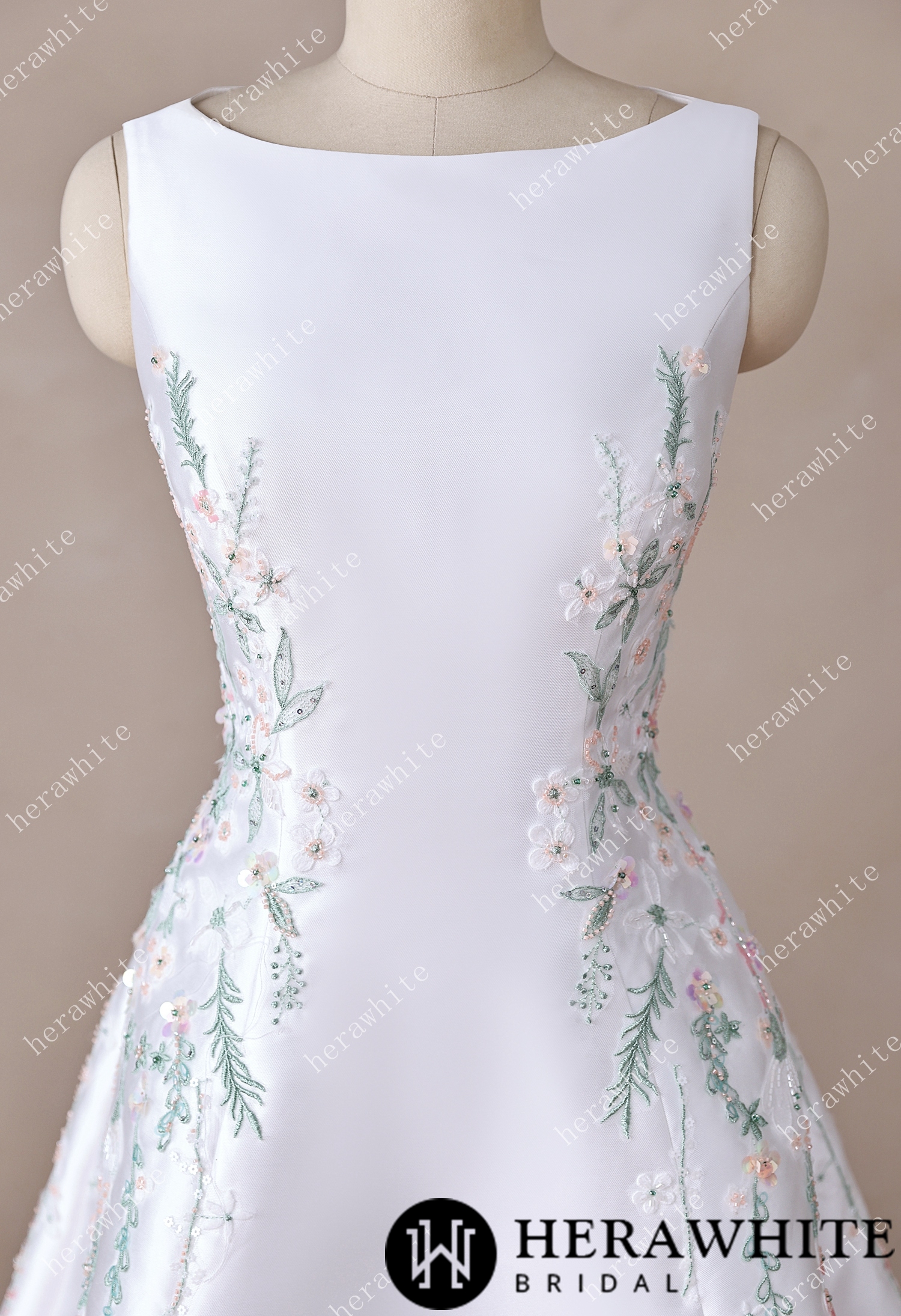 High Neck Satin Ballgown with Florals and Open Back