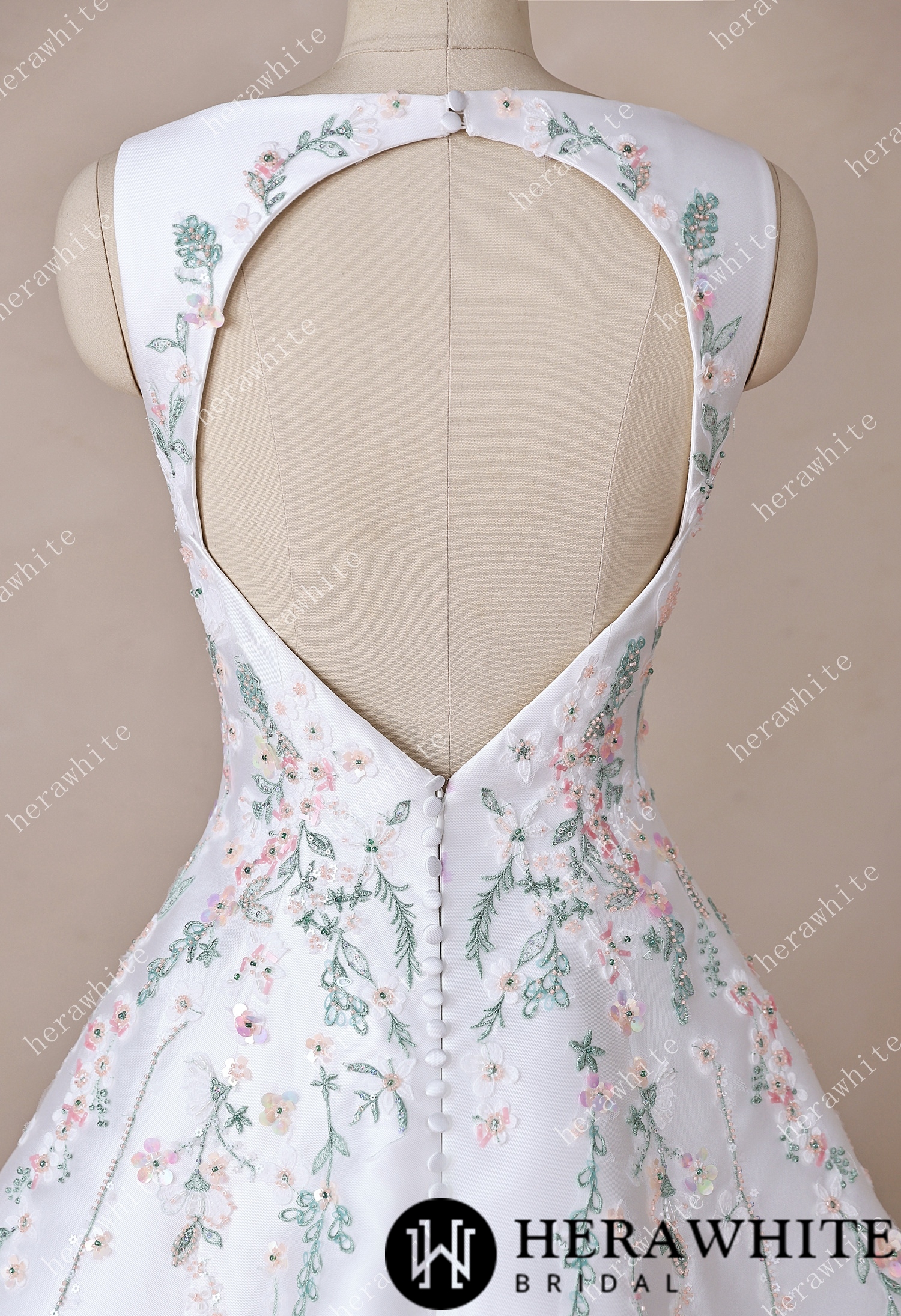 High Neck Satin Ballgown with Florals and Open Back