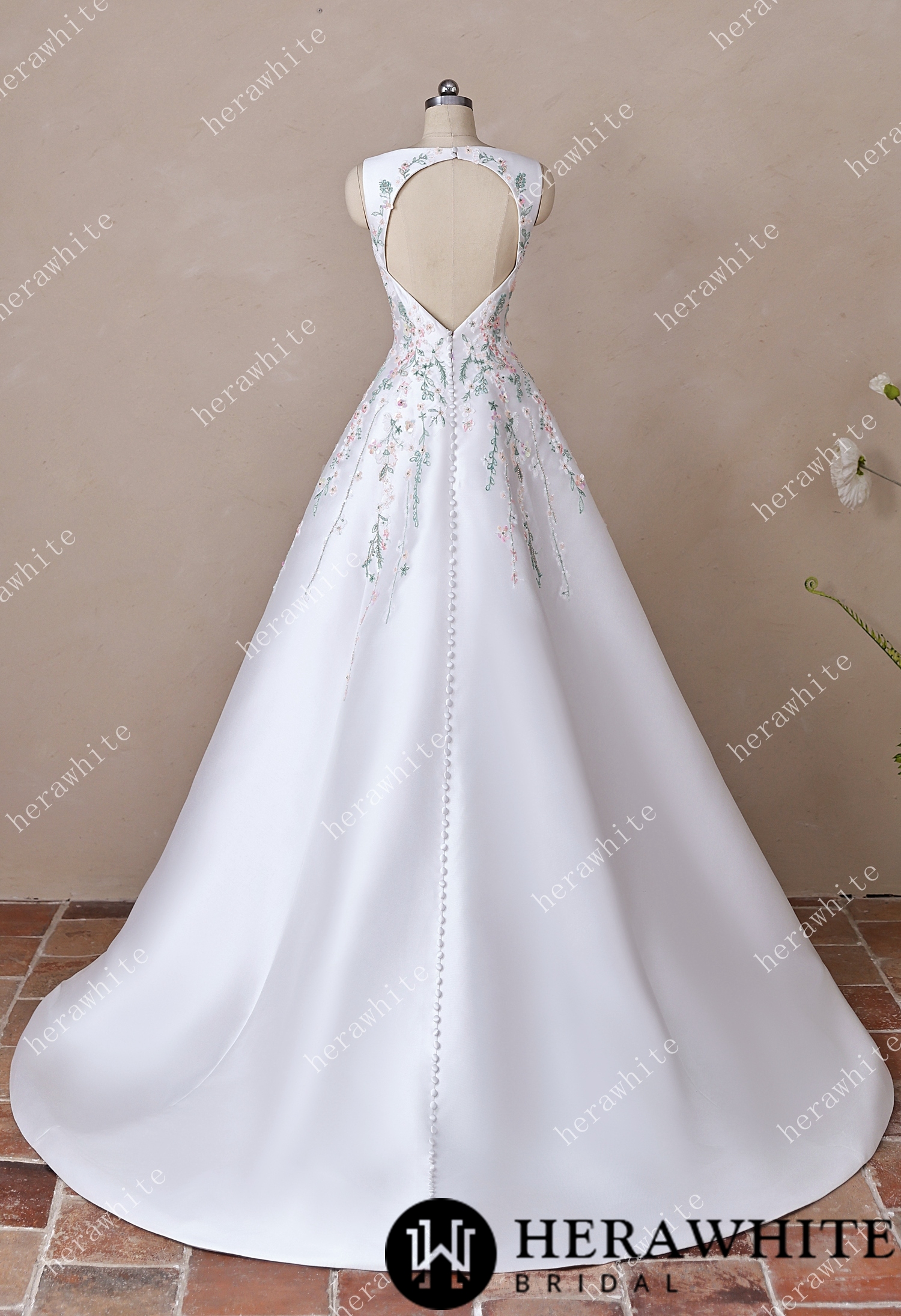 High Neck Satin Ballgown with Florals and Open Back