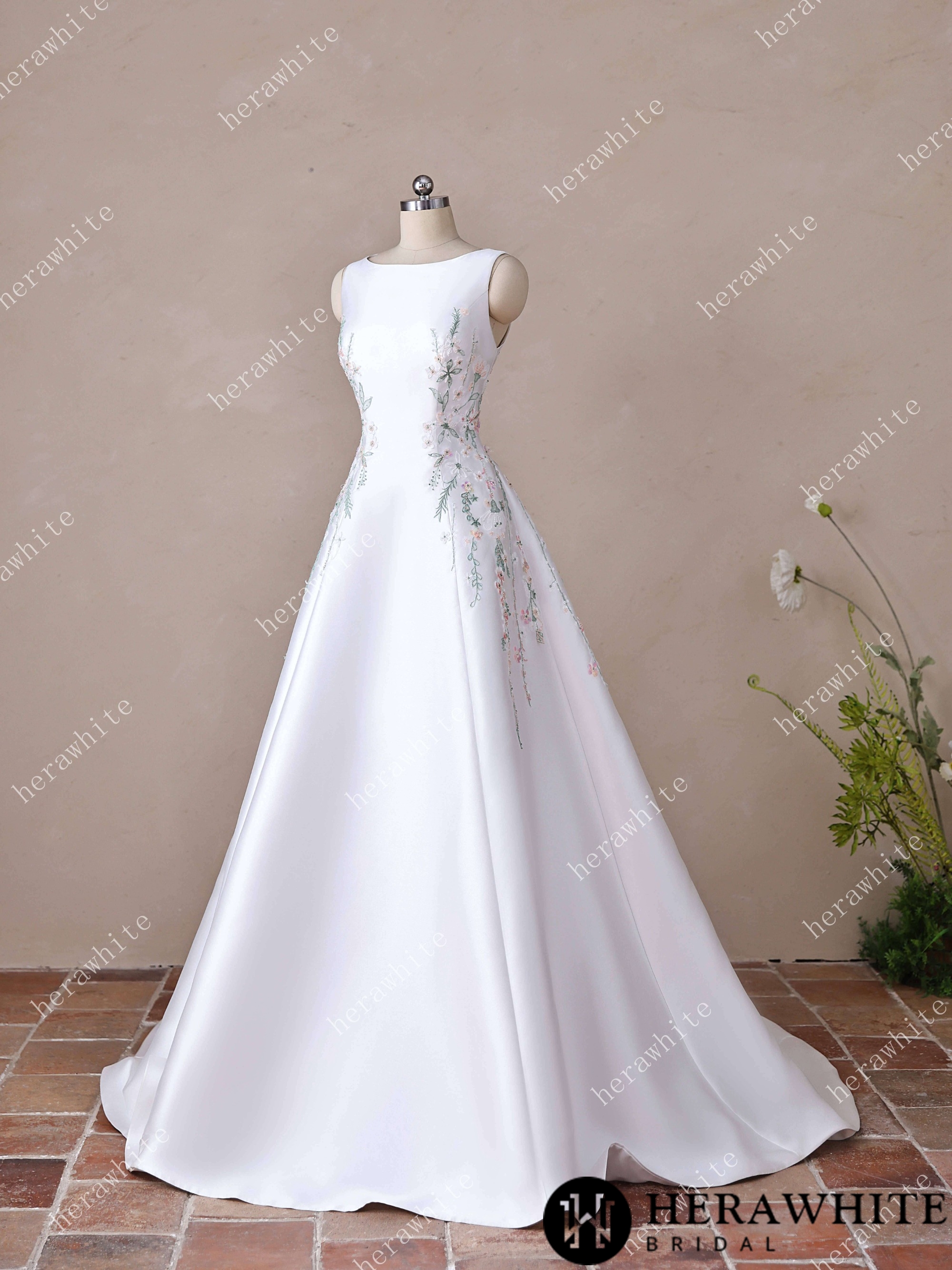 High Neck Satin Ballgown with Florals and Open Back