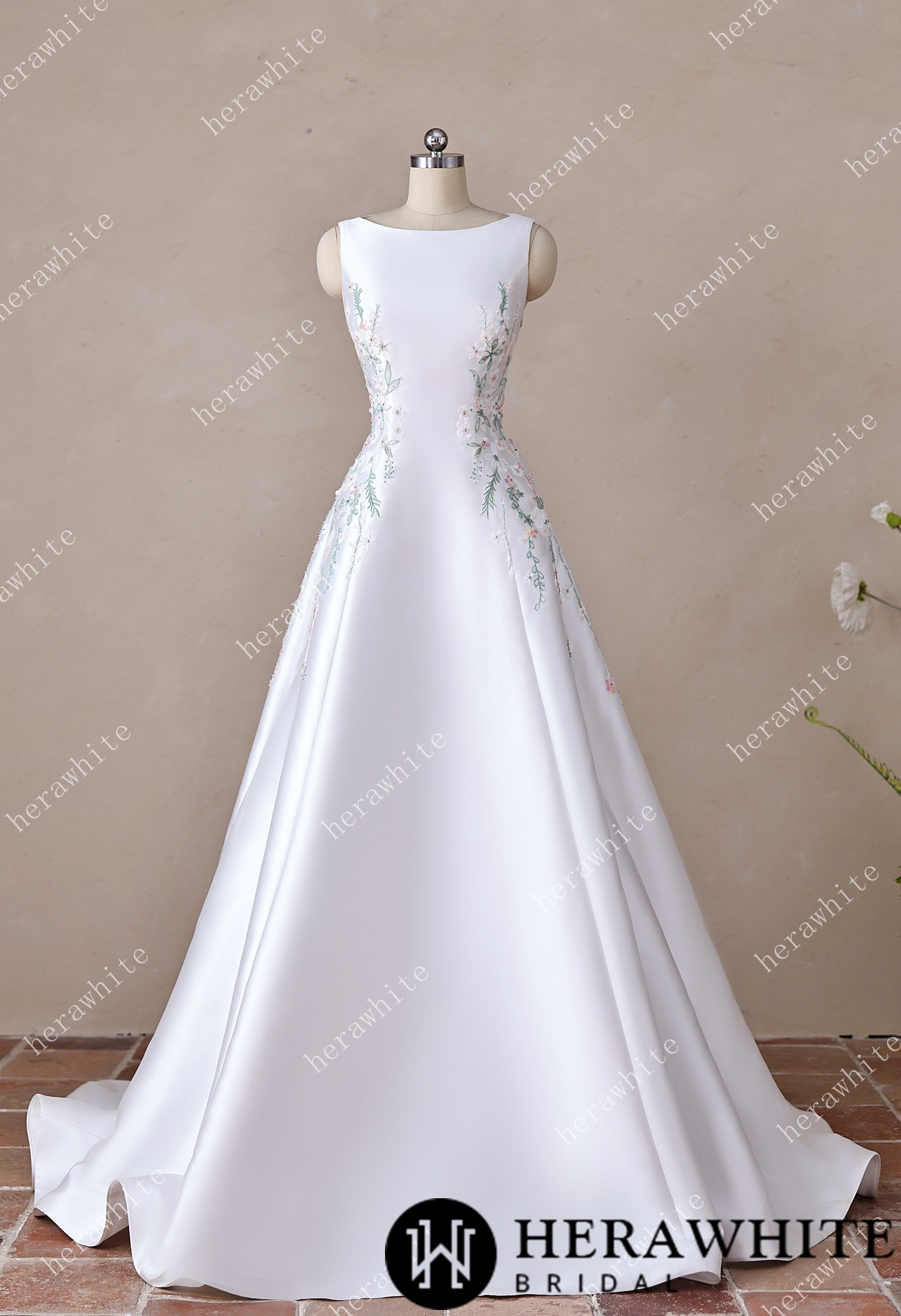 High Neck Satin Ballgown with Florals and Open Back