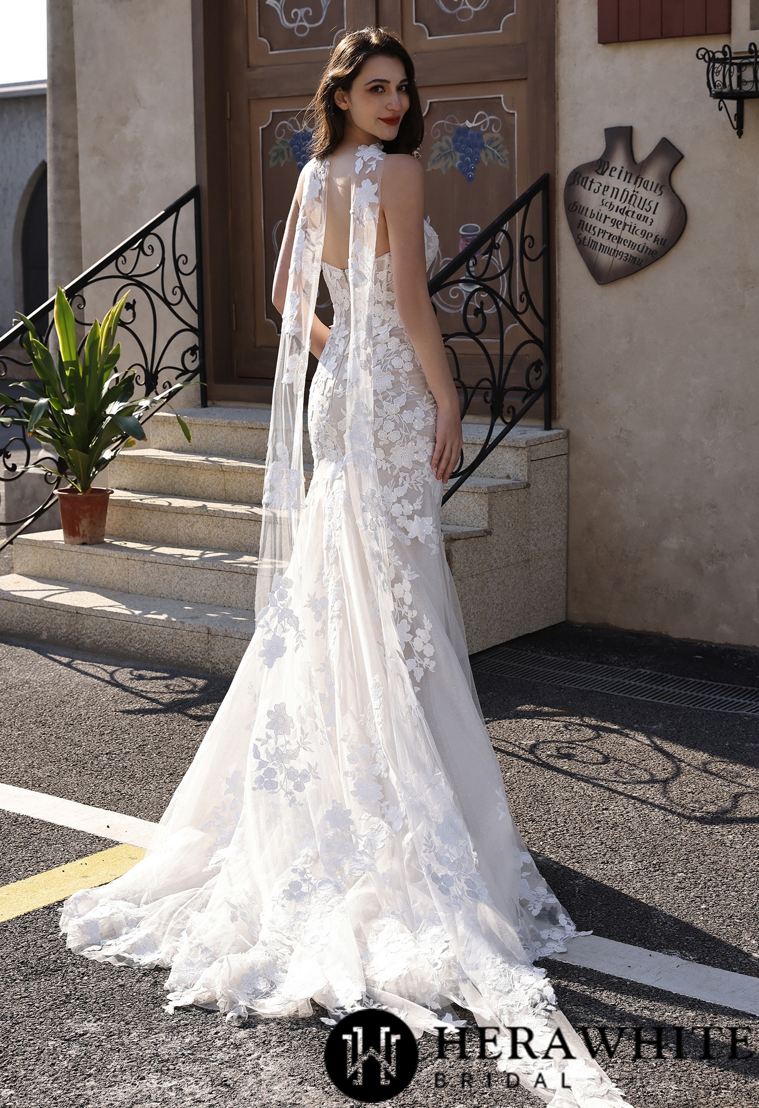 Detachable Lace Bridal Streamer with Floral Appliques