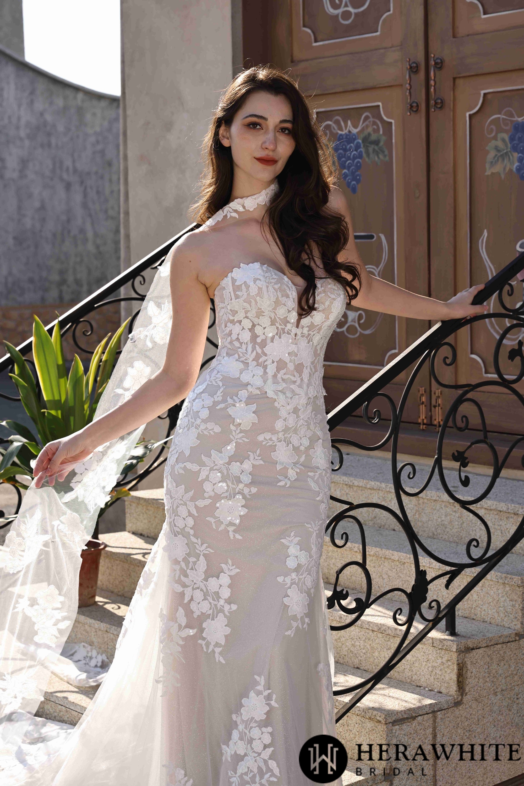 Detachable Lace Bridal Streamer with Floral Appliques