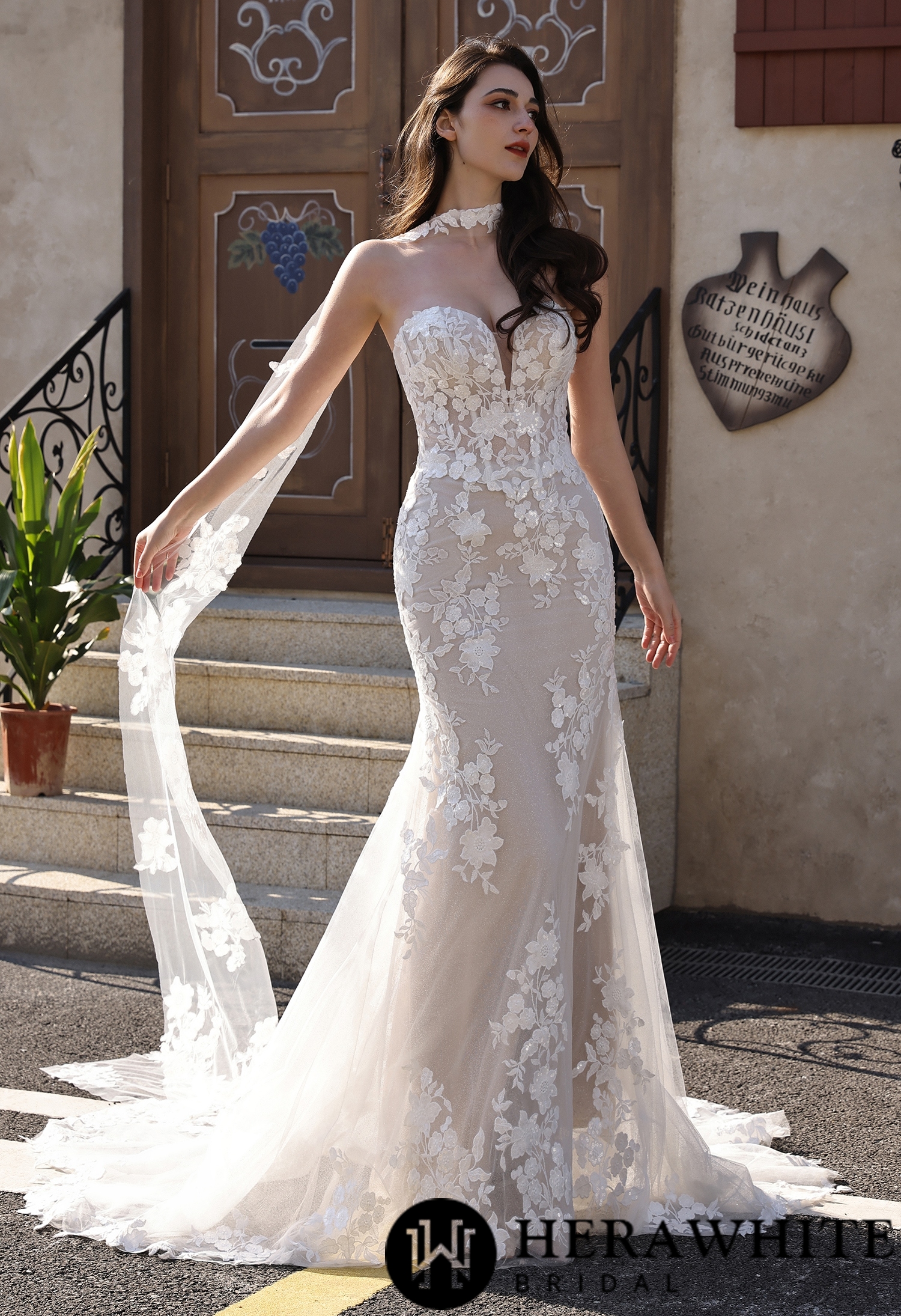 Detachable Lace Bridal Streamer with Floral Appliques