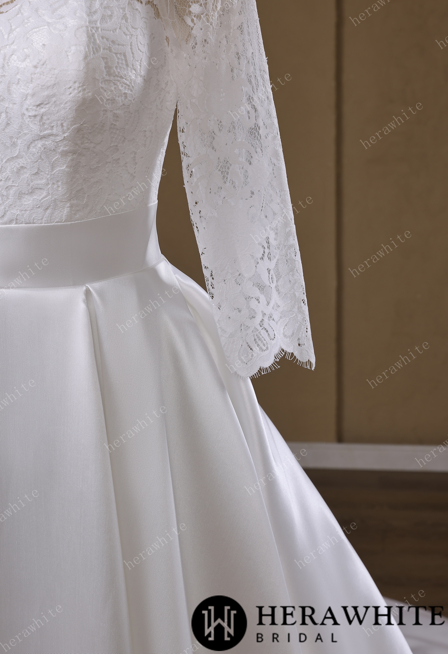 Lace & Satin Ball Gown With Illusion ¾-Length Sleeves