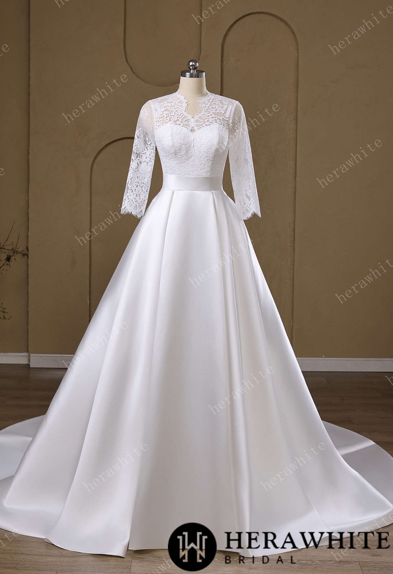 Lace & Satin Ball Gown With Illusion ¾-Length Sleeves
