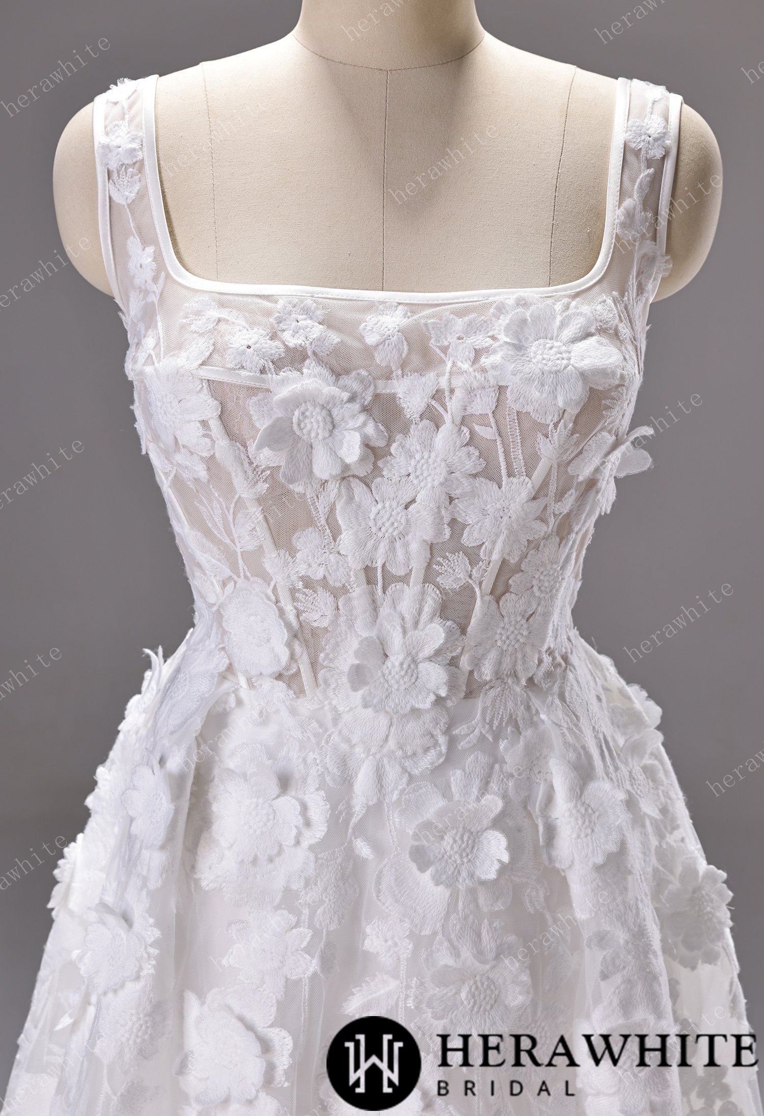 3D Floral Lace A-line Wedding Gown With Square Neckline & Satin Hem Trim