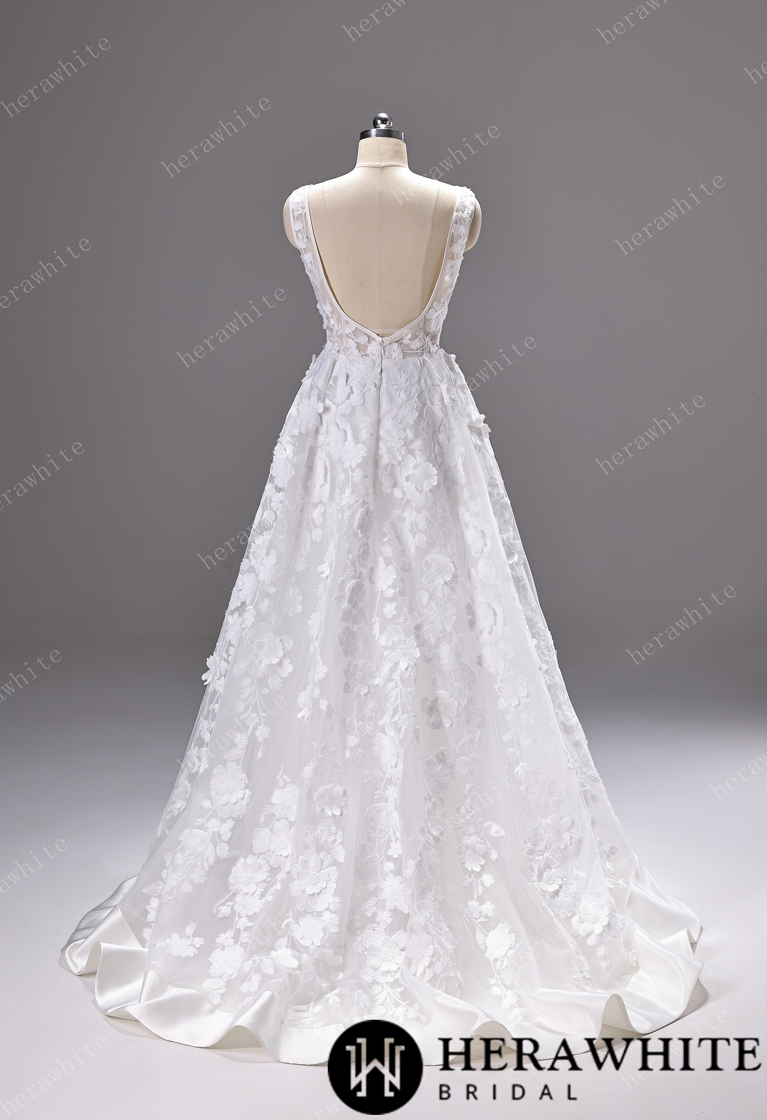 3D Floral Lace A-line Wedding Gown With Square Neckline & Satin Hem Trim