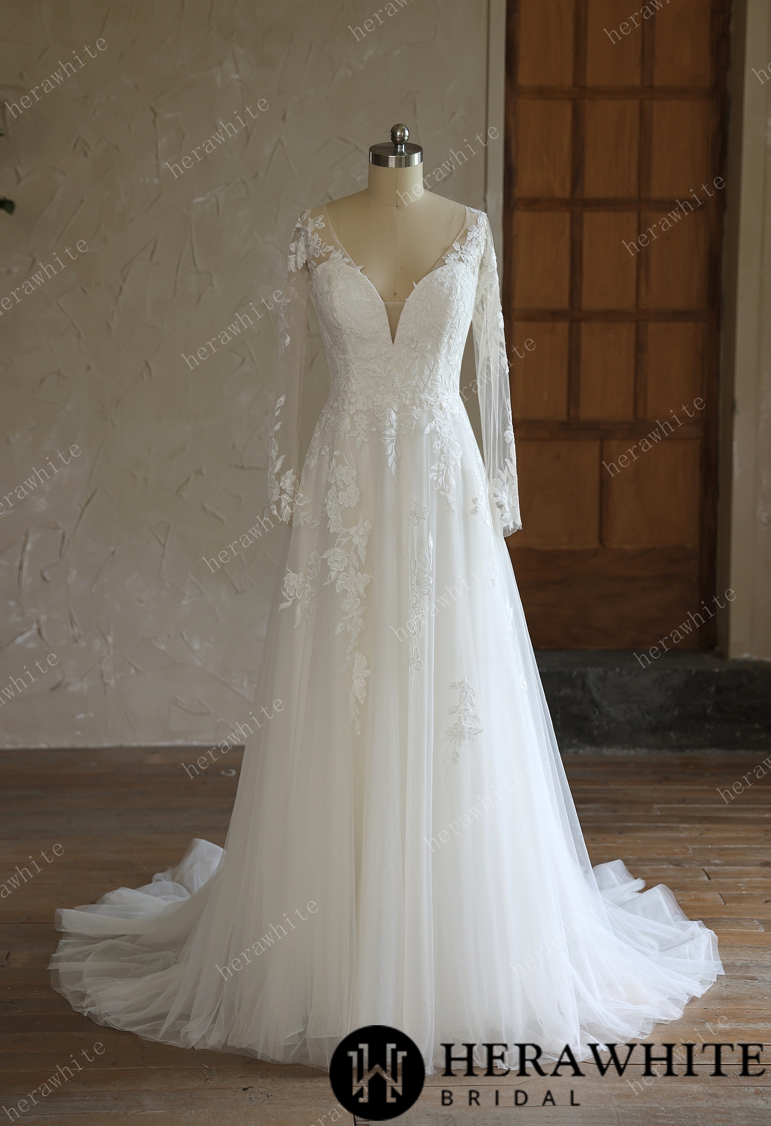 V-Neck Lace A-Line Wedding Gown With Long Sleeves