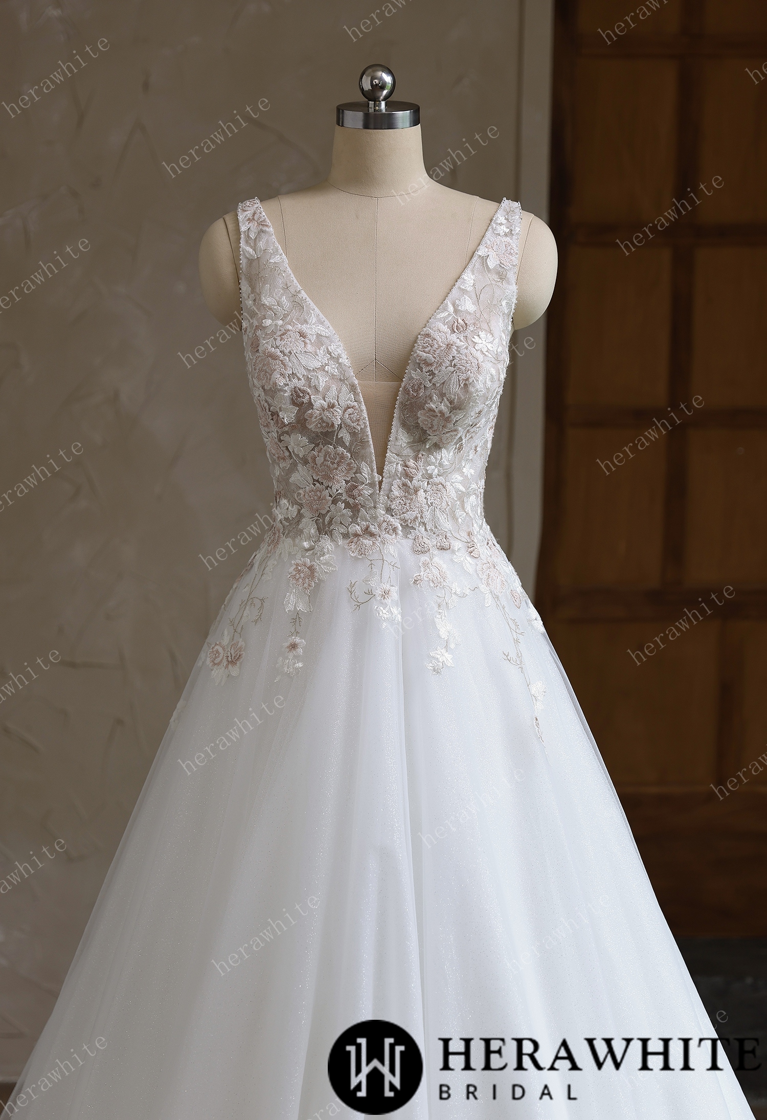 Colourful Lace Ball Gown With Plunging V-Neckline & Straps
