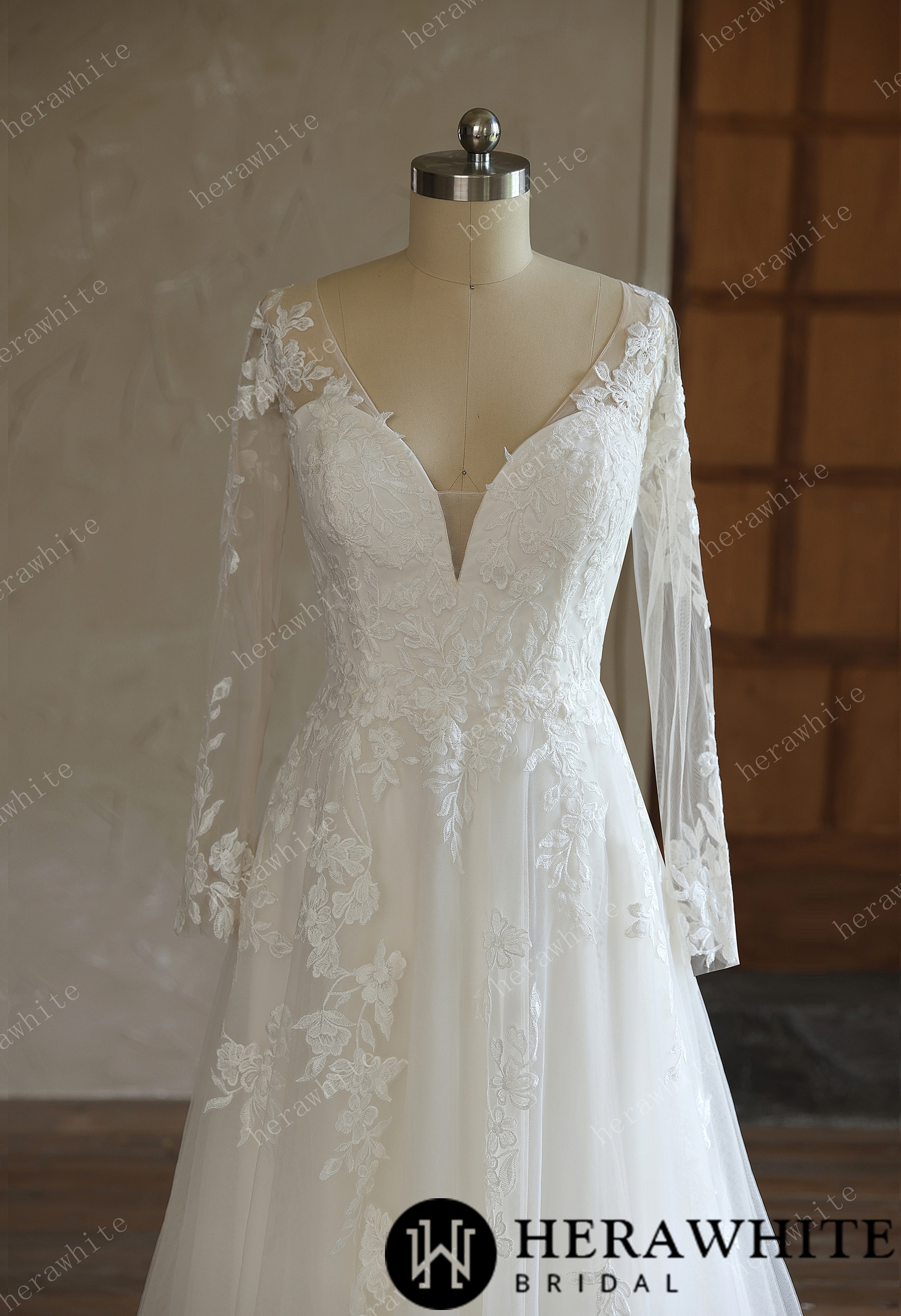 V-Neck Lace A-Line Wedding Gown With Long Sleeves