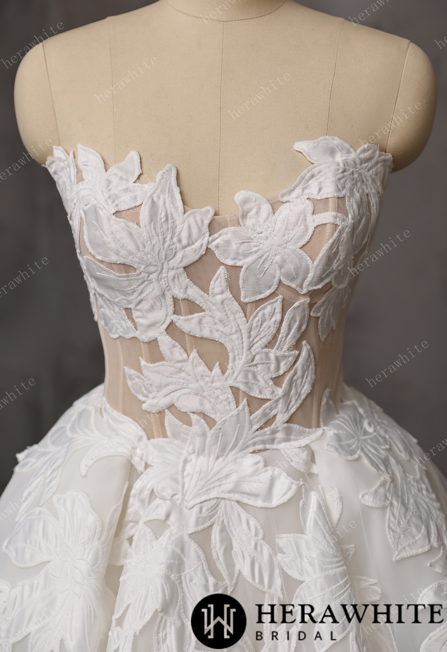  Floral Ball Gown With Illusion Sweetheart Bodice & Sculptural Flower Skirt