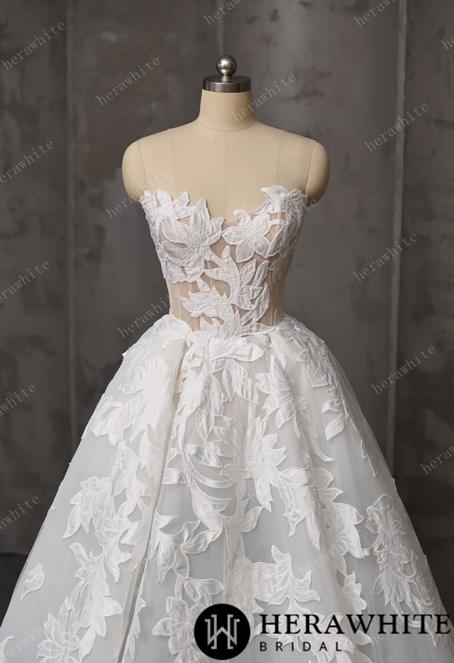  Floral Ball Gown With Illusion Sweetheart Bodice & Sculptural Flower Skirt