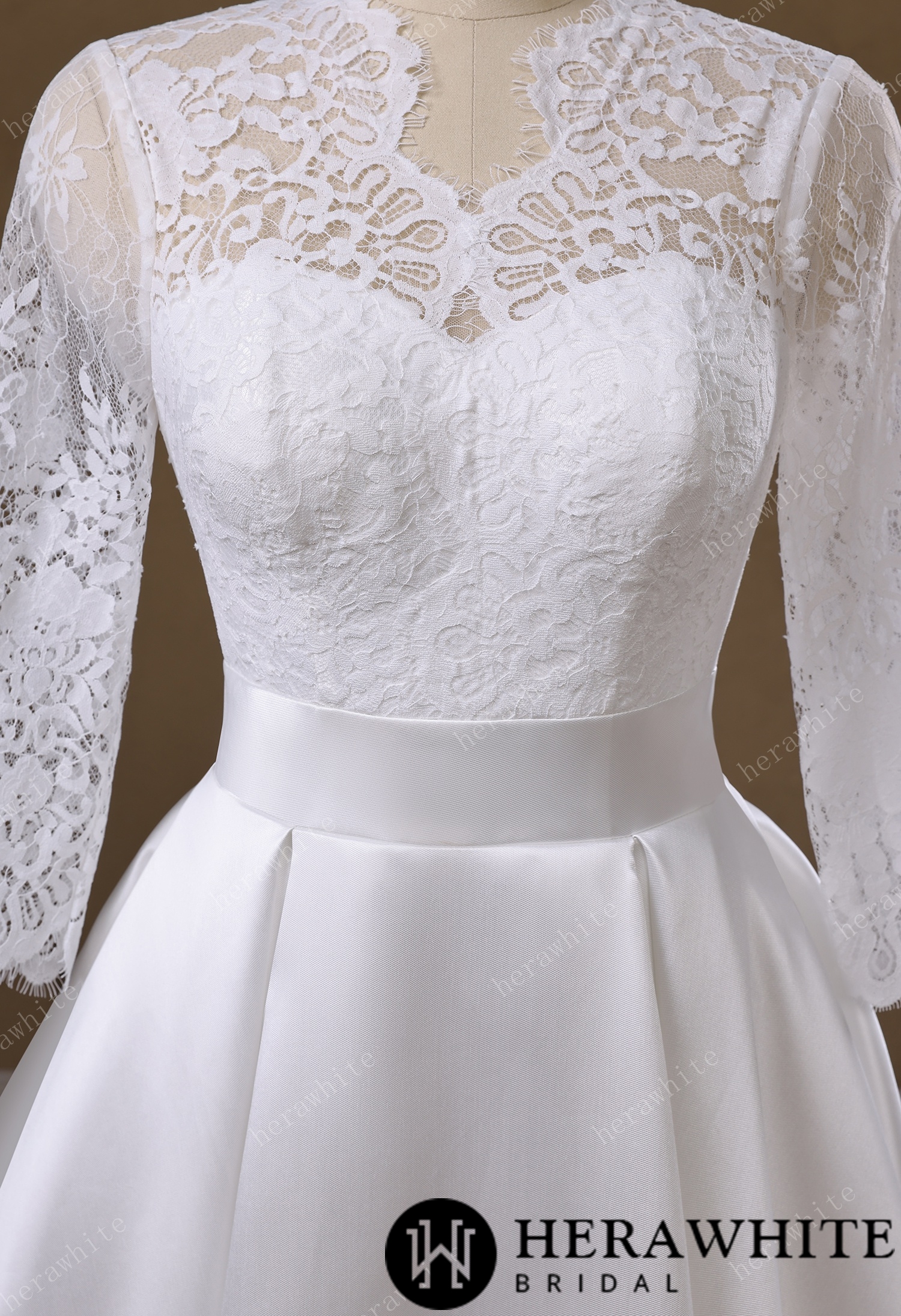 Lace & Satin Ball Gown With Illusion ¾-Length Sleeves