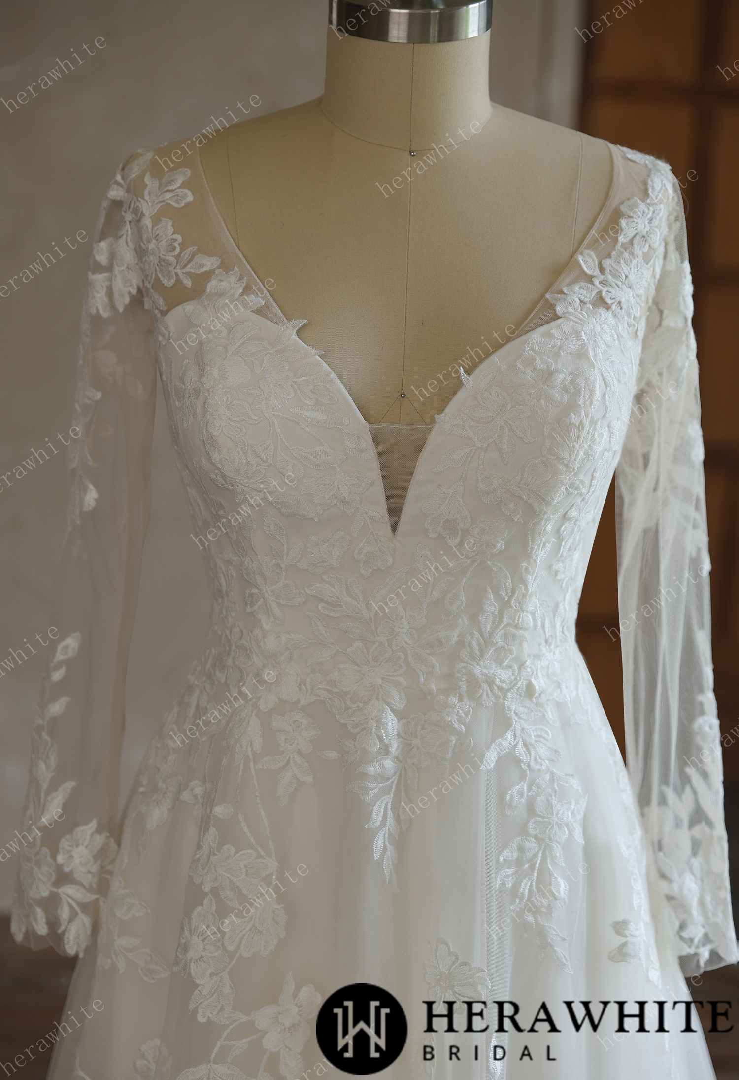 V-Neck Lace A-Line Wedding Gown With Long Sleeves