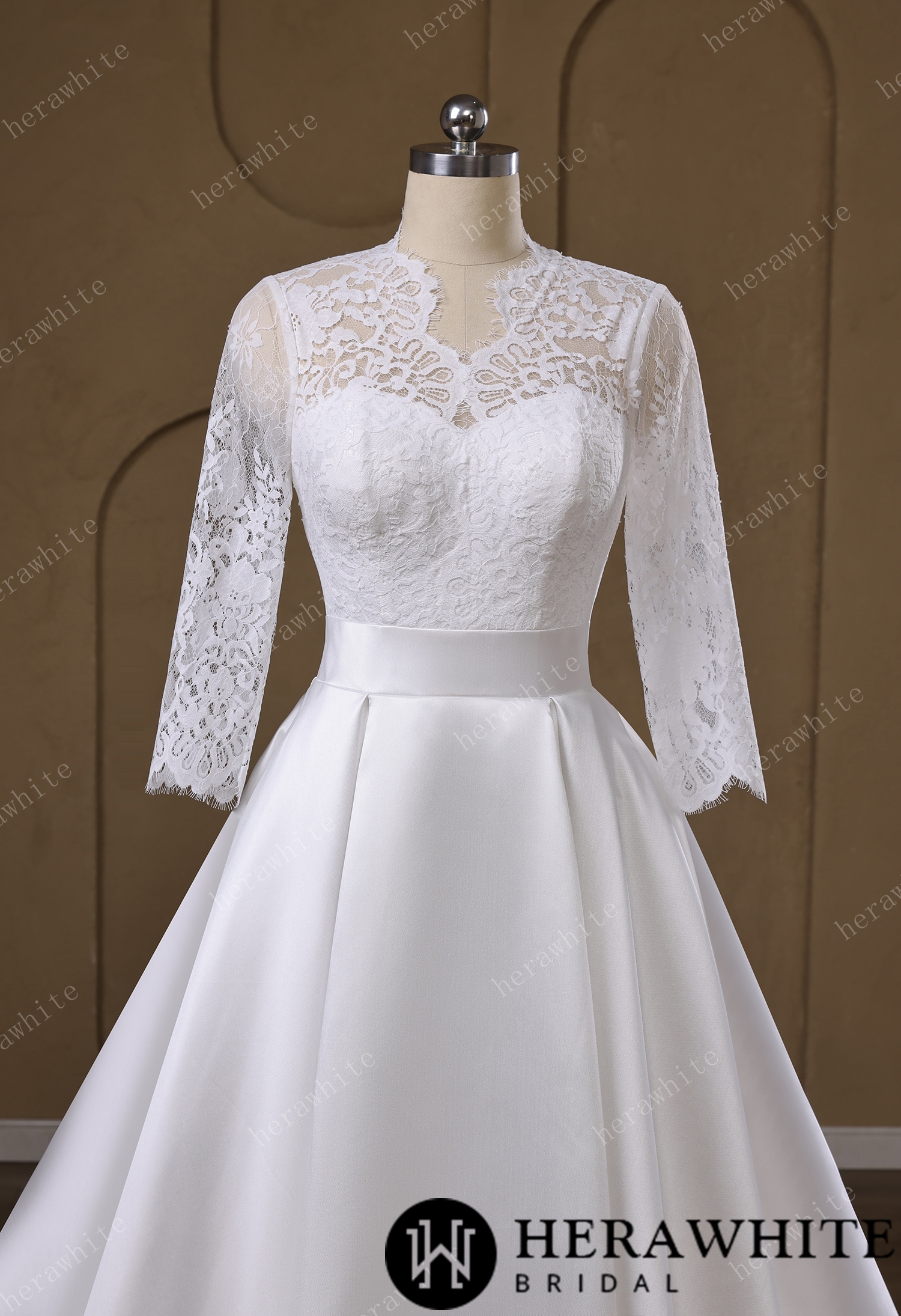 Lace & Satin Ball Gown With Illusion ¾-Length Sleeves