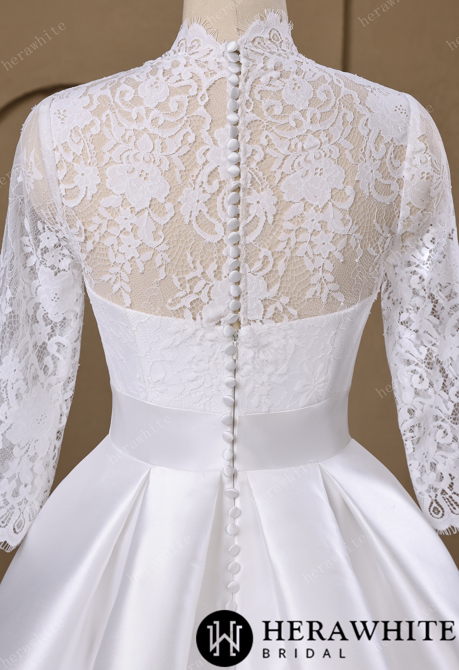 Lace & Satin Ball Gown With Illusion ¾-Length Sleeves