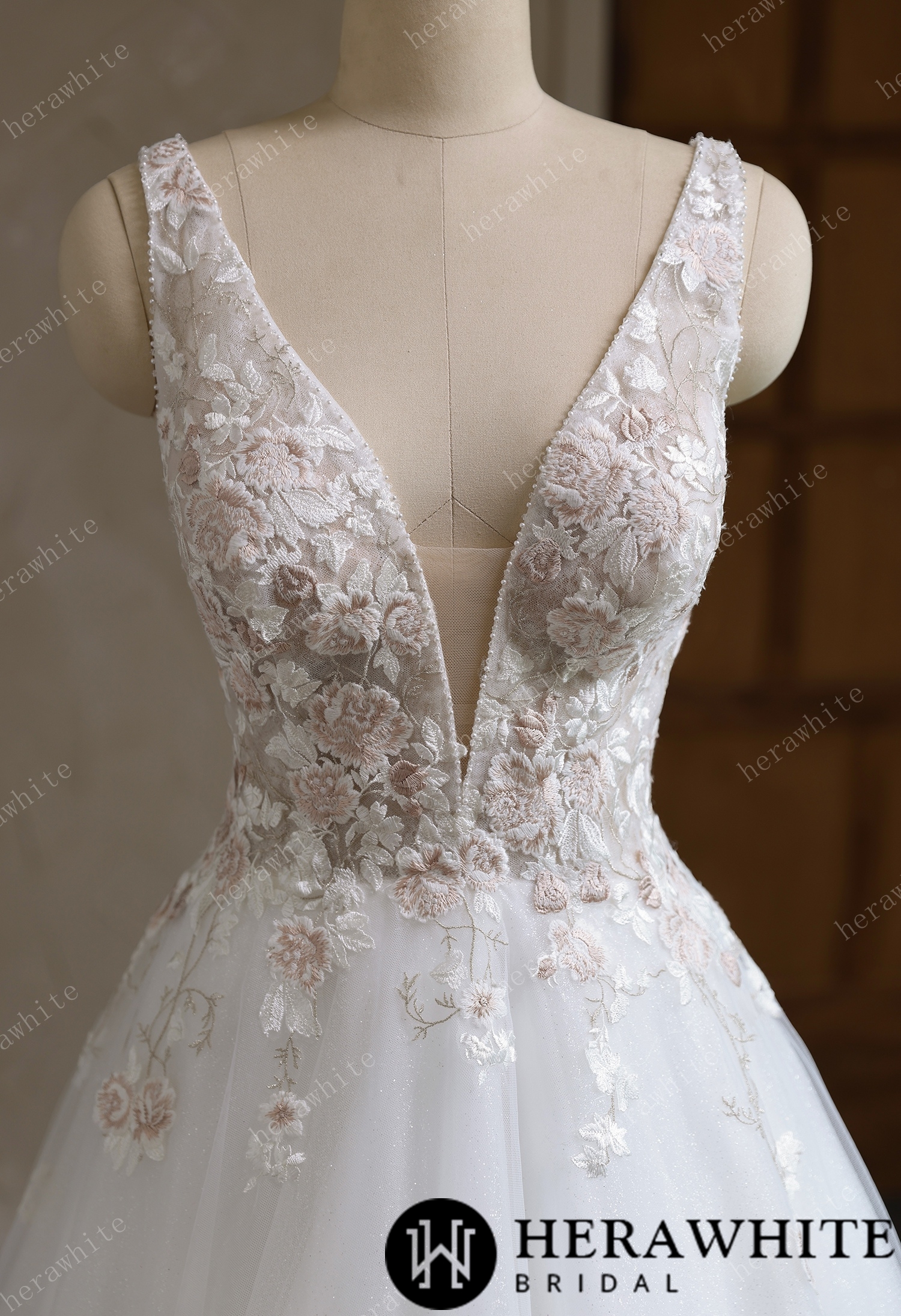 Colourful Lace Ball Gown With Plunging V-Neckline & Straps