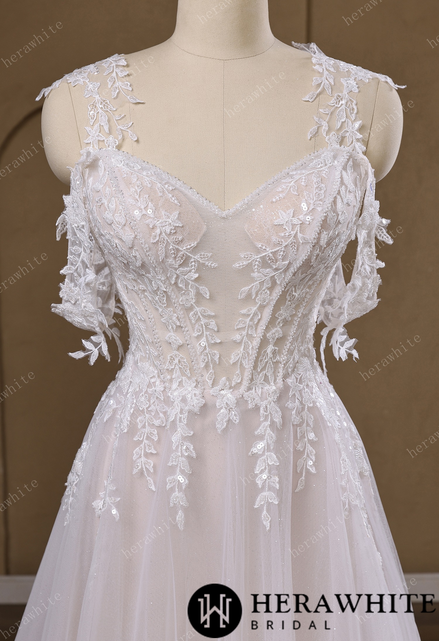 Lace A-Line Wedding Gown With Detachable Off-Shoulder Sleeves & Glitter Tulle Skirt