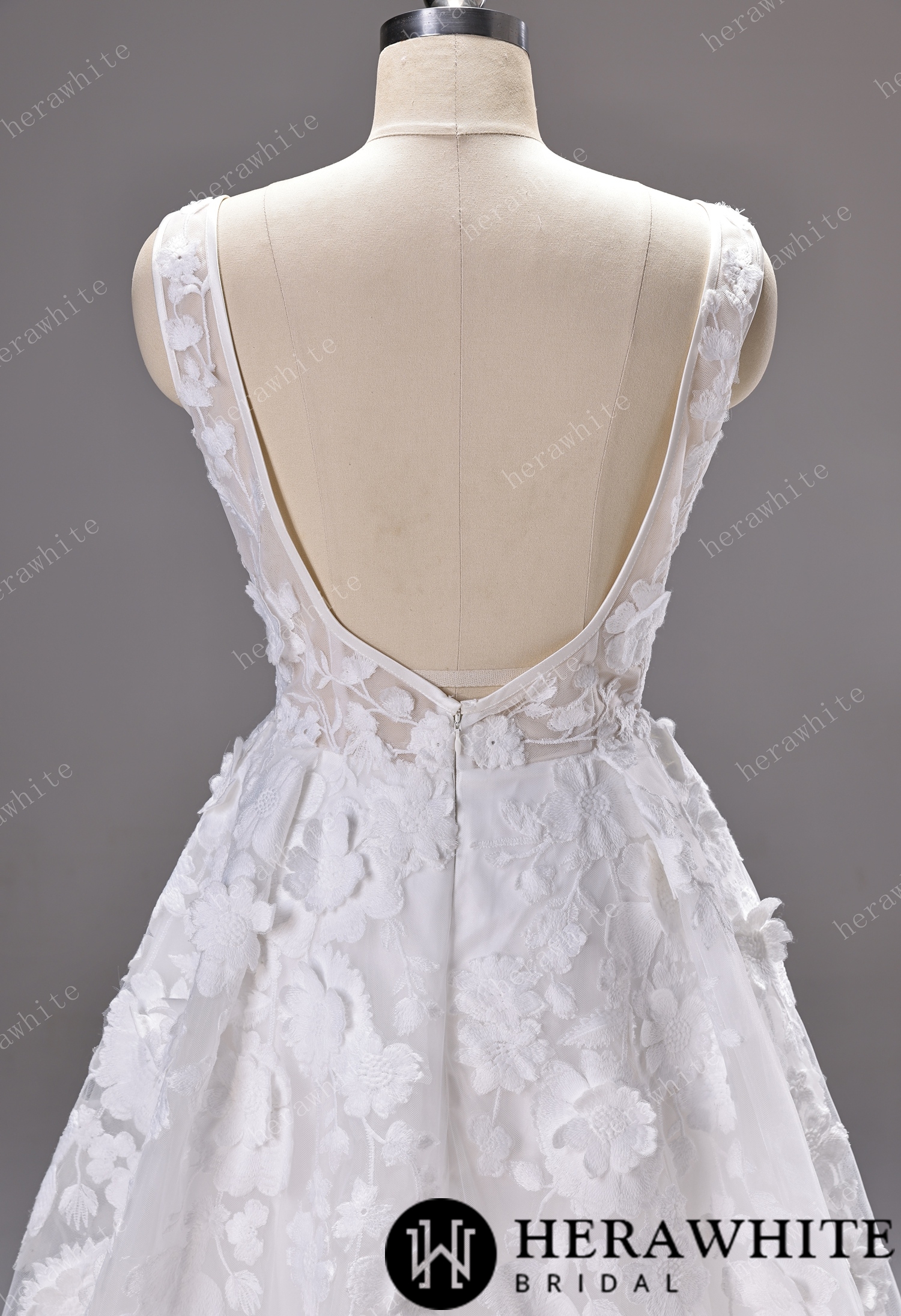 3D Floral Lace A-line Wedding Gown With Square Neckline & Satin Hem Trim