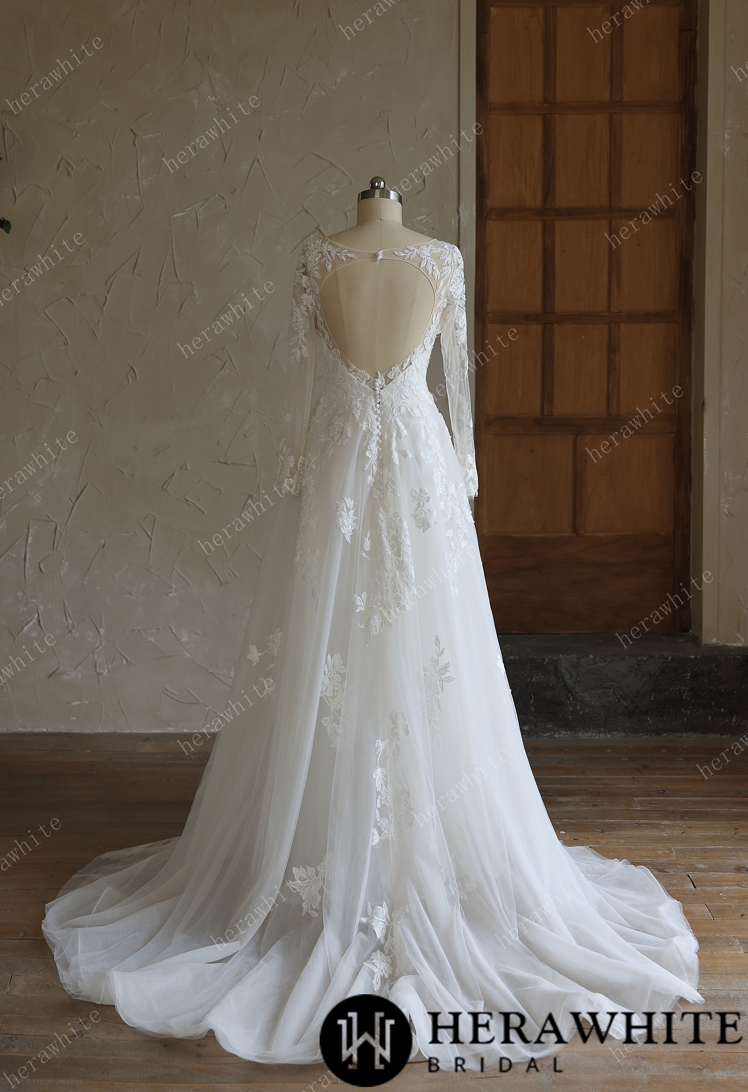 V-Neck Lace A-Line Wedding Gown With Long Sleeves