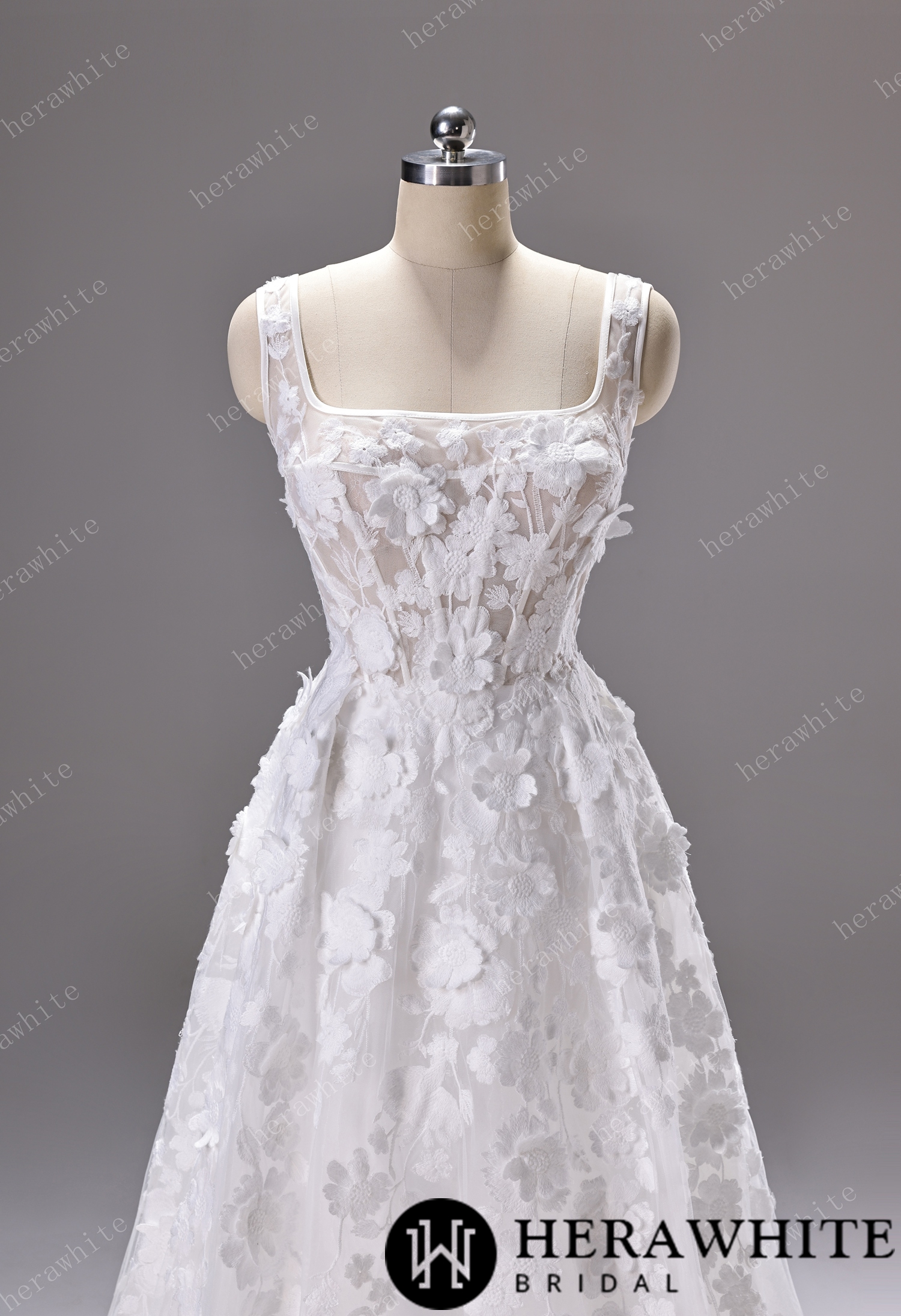 3D Floral Lace A-line Wedding Gown With Square Neckline & Satin Hem Trim