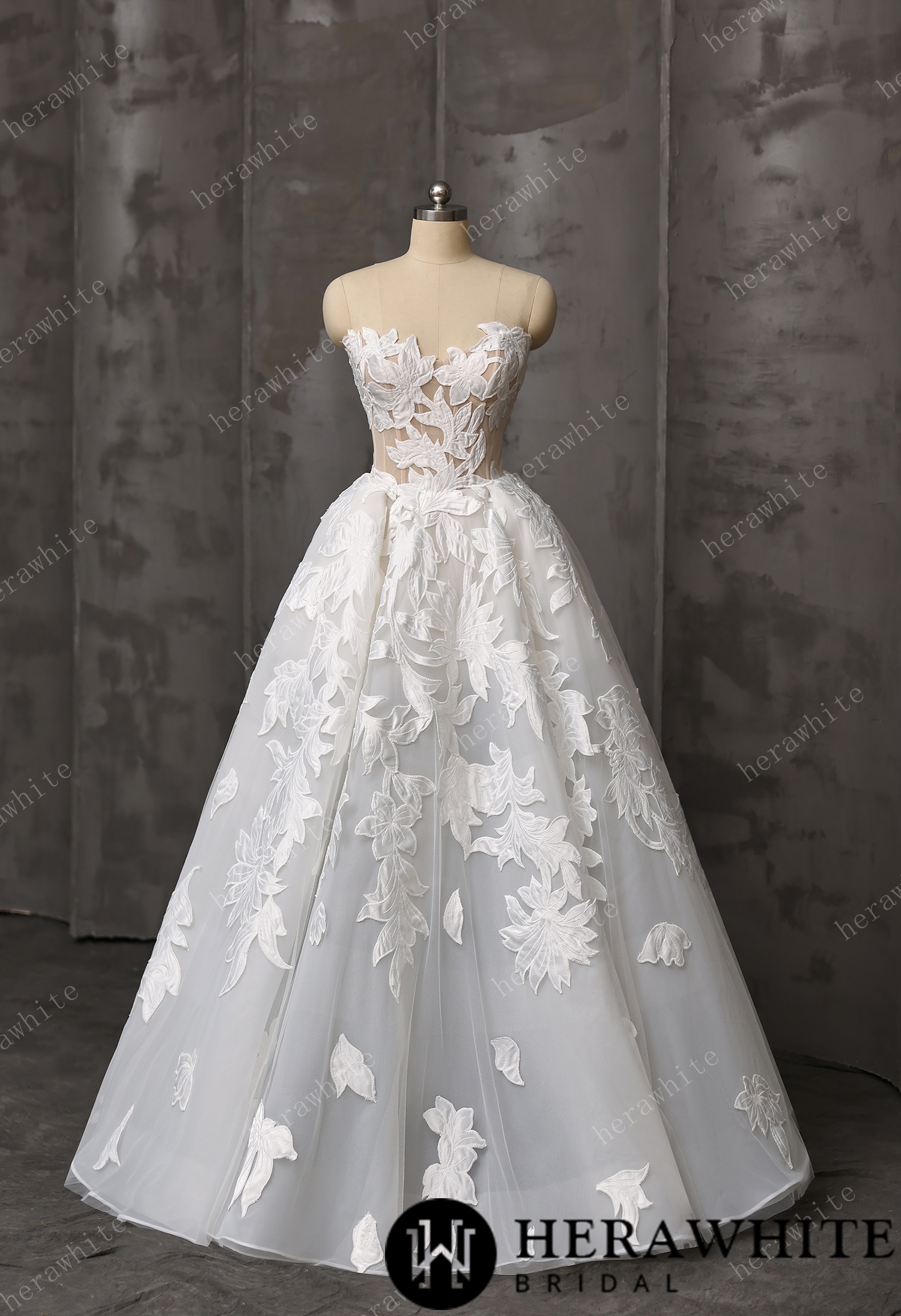  Floral Ball Gown With Illusion Sweetheart Bodice & Sculptural Flower Skirt