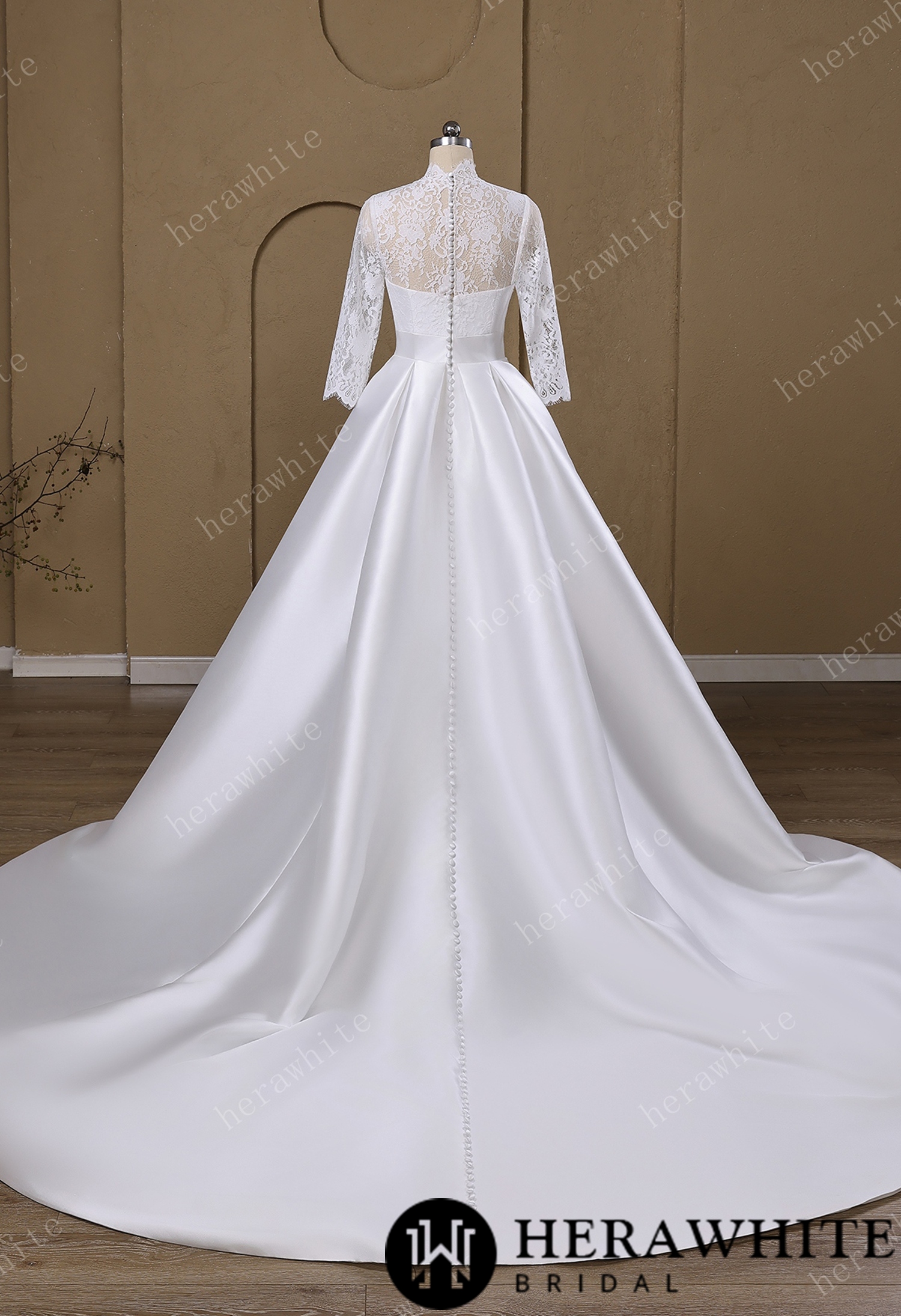 Lace & Satin Ball Gown With Illusion ¾-Length Sleeves