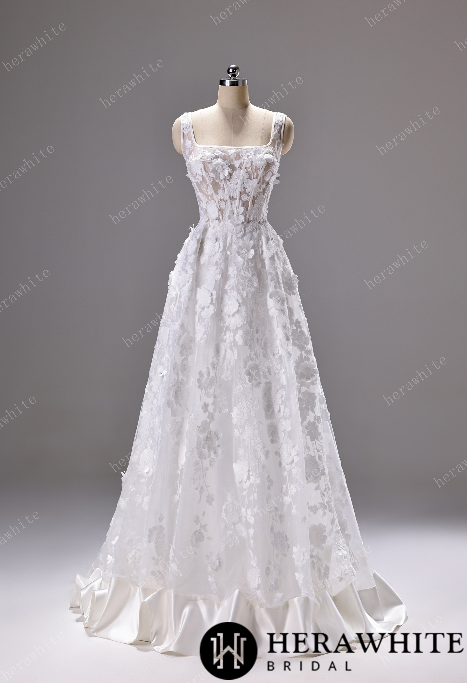 3D Floral Lace A-line Wedding Gown With Square Neckline & Satin Hem Trim