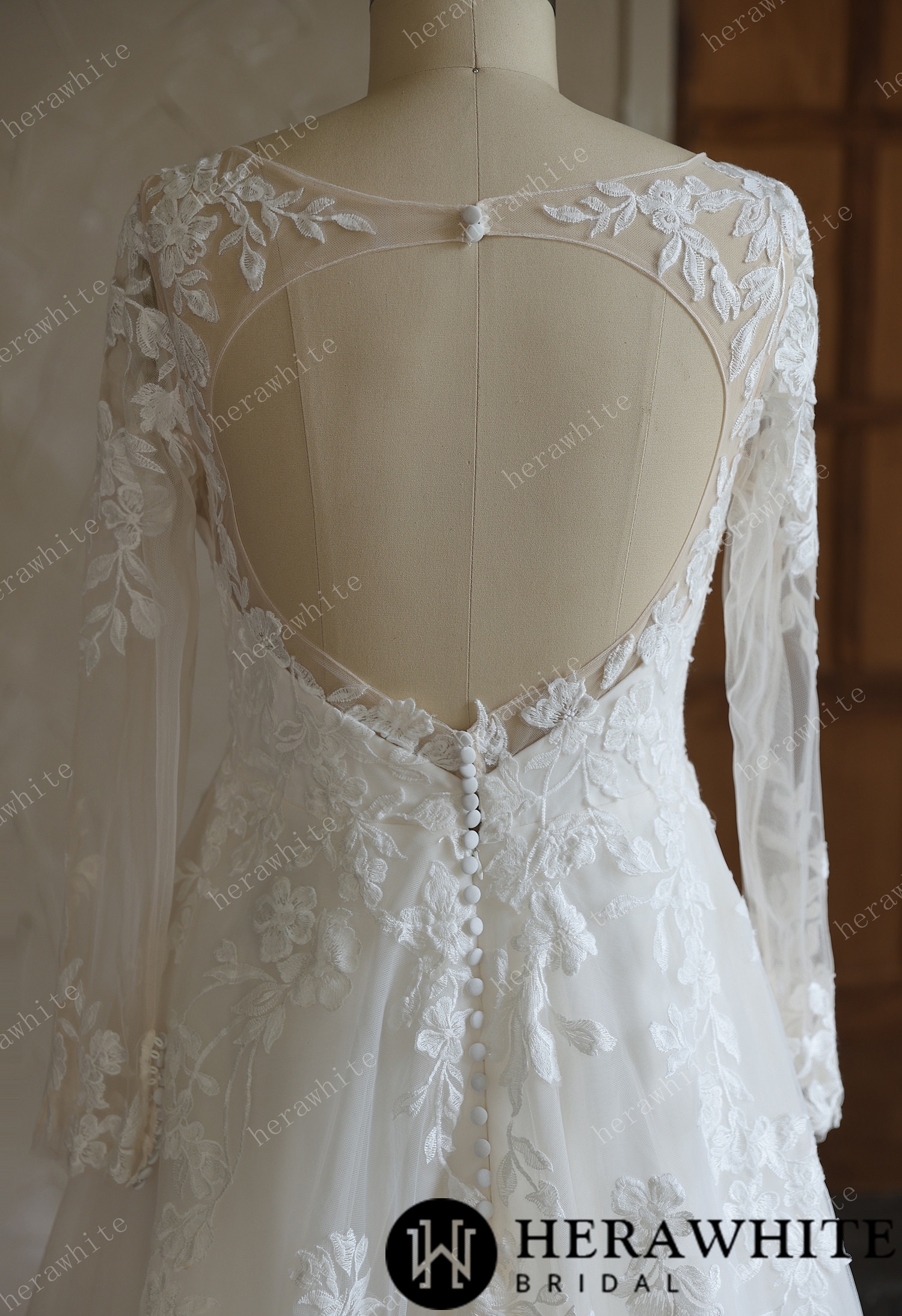 V-Neck Lace A-Line Wedding Gown With Long Sleeves