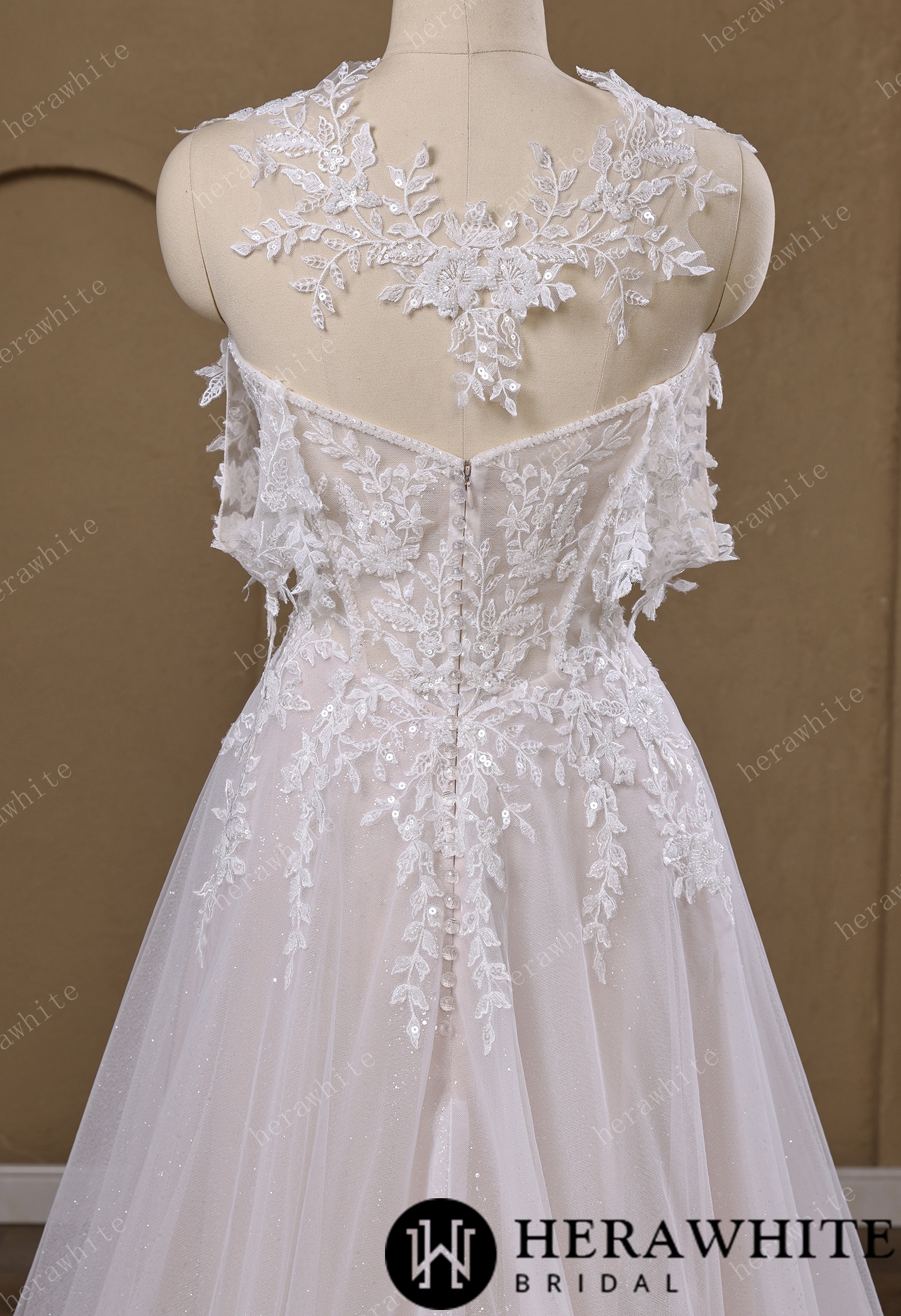 Lace A-Line Wedding Gown With Detachable Off-Shoulder Sleeves & Glitter Tulle Skirt