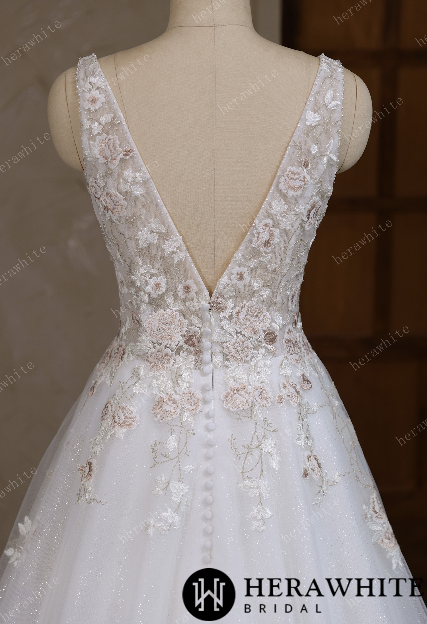 Colourful Lace Ball Gown With Plunging V-Neckline & Straps