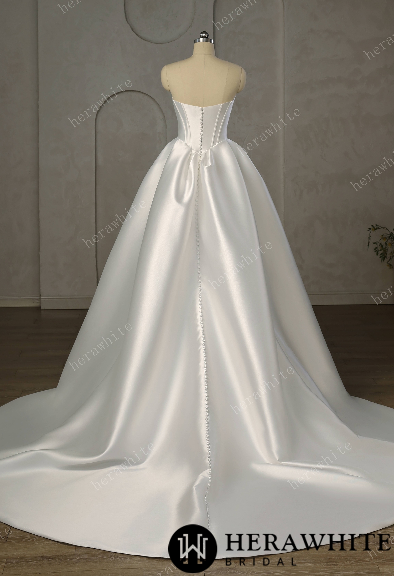 Pleated Satin Ball Gown With Dramatic Side Draped Ruffle Detail