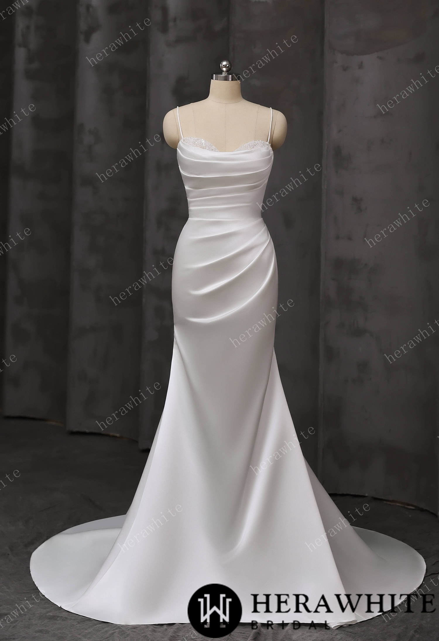 Draped Satin Fit-and-Flare Wedding Gown With Detachable Off-Shoulder Cape Sleeves & Beaded Neckline