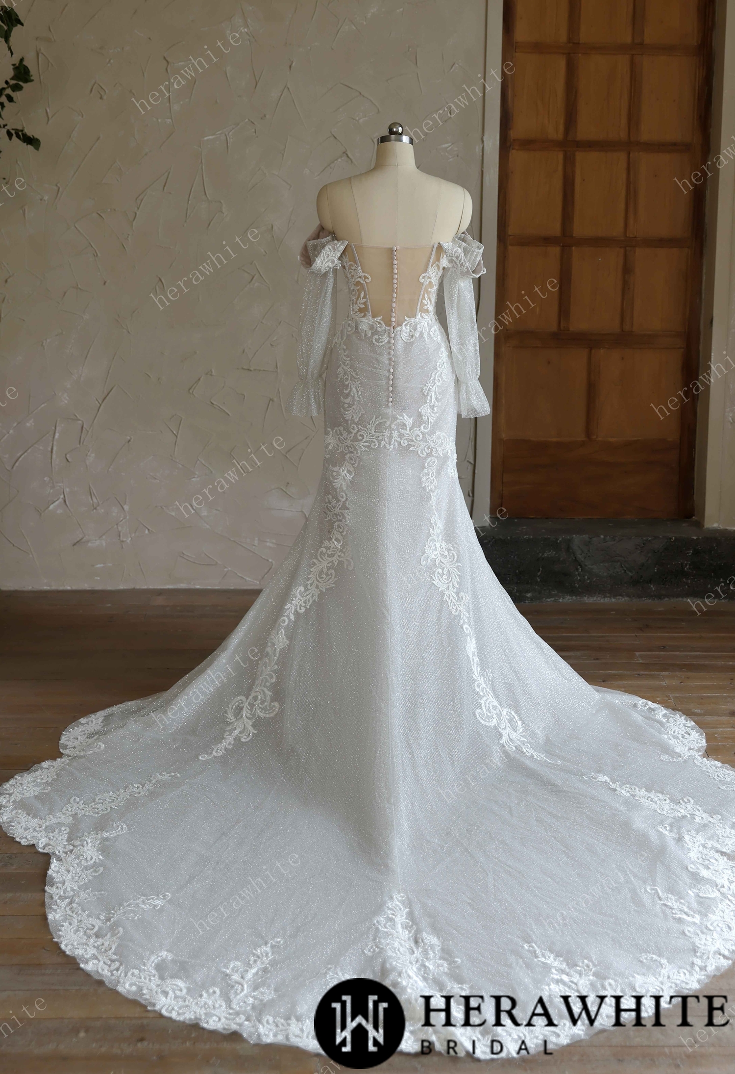 Off-the-Shoulder Sequin Lace Fit-and-Flare Wedding Gown With Lotus Train