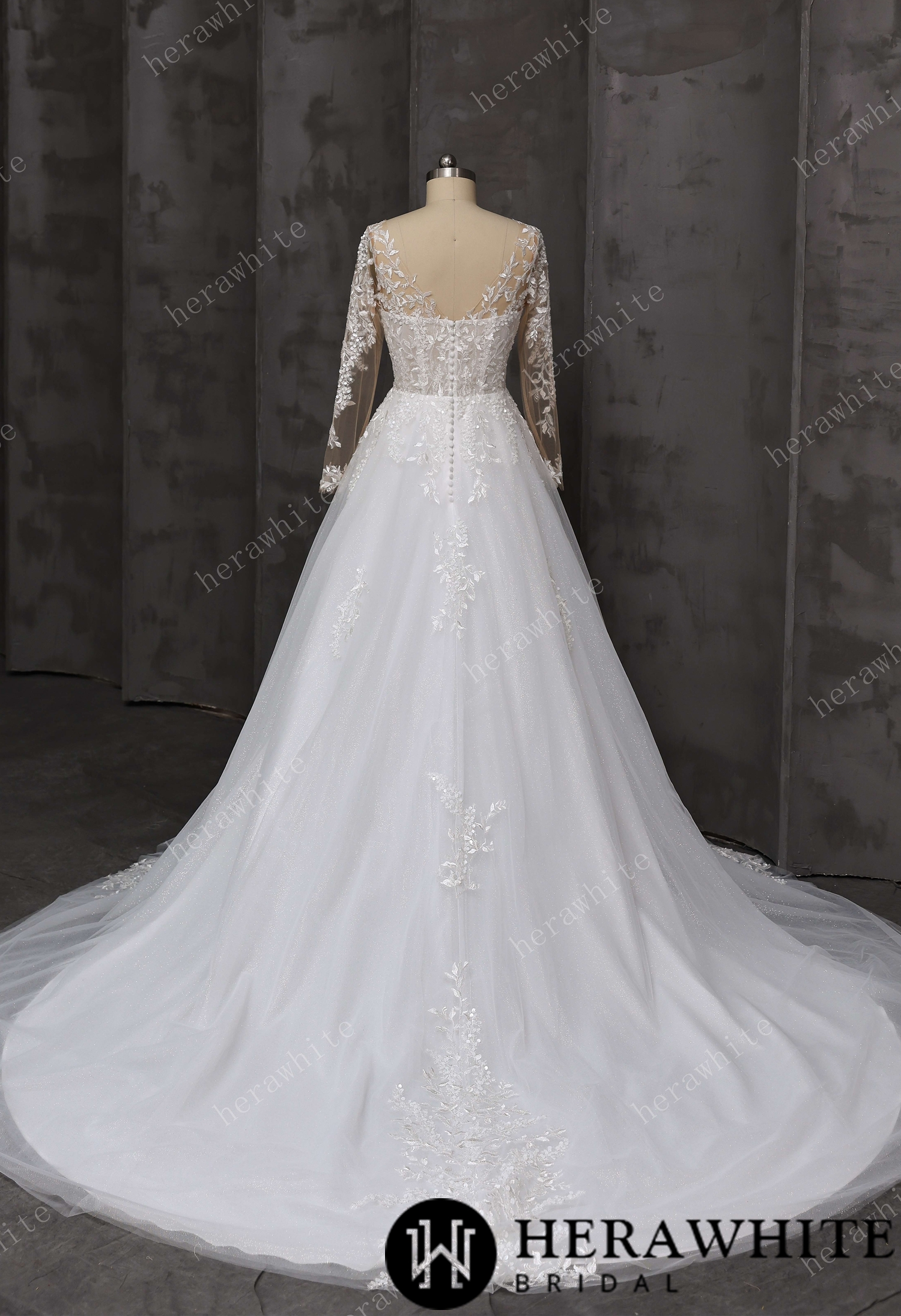 V-Neck Lace A-Line Wedding Gown With Illusion Long Sleeves
