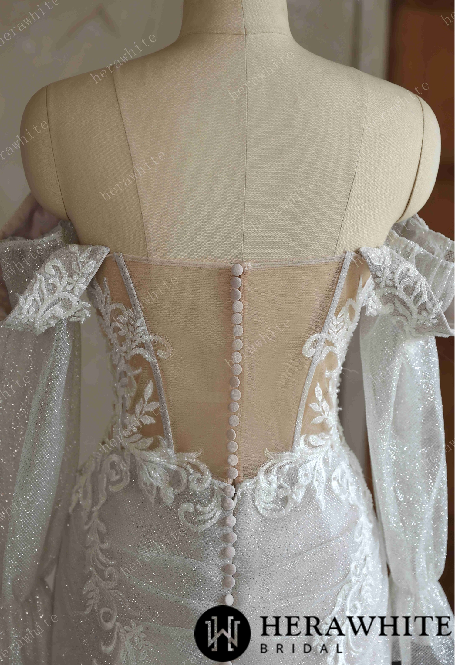 Off-the-Shoulder Sequin Lace Fit-and-Flare Wedding Gown With Lotus Train