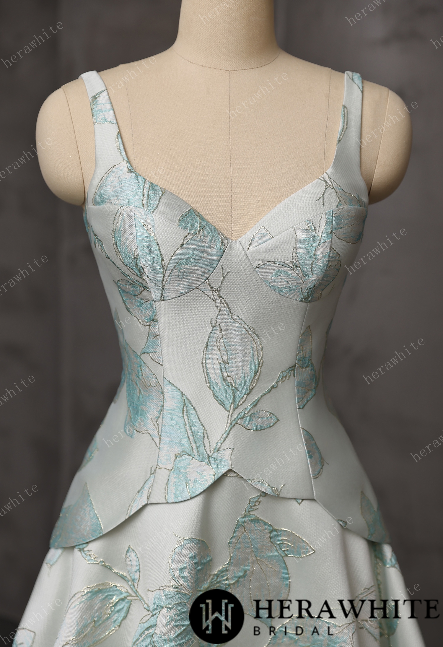 Mint Floral Jacquard A-Line Wedding Gown With V-Neckline & Peplum Waist Detail