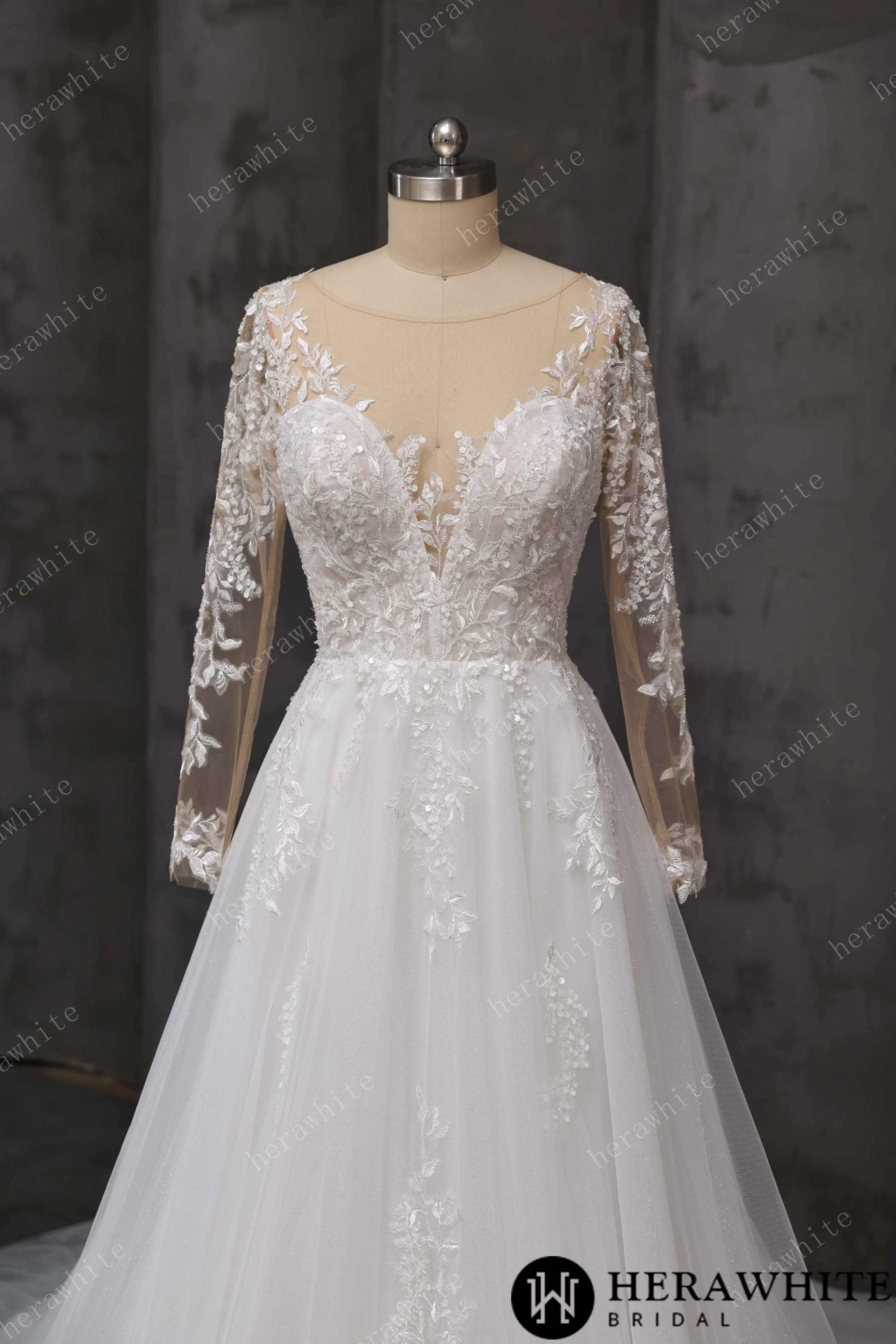 V-Neck Lace A-Line Wedding Gown With Illusion Long Sleeves