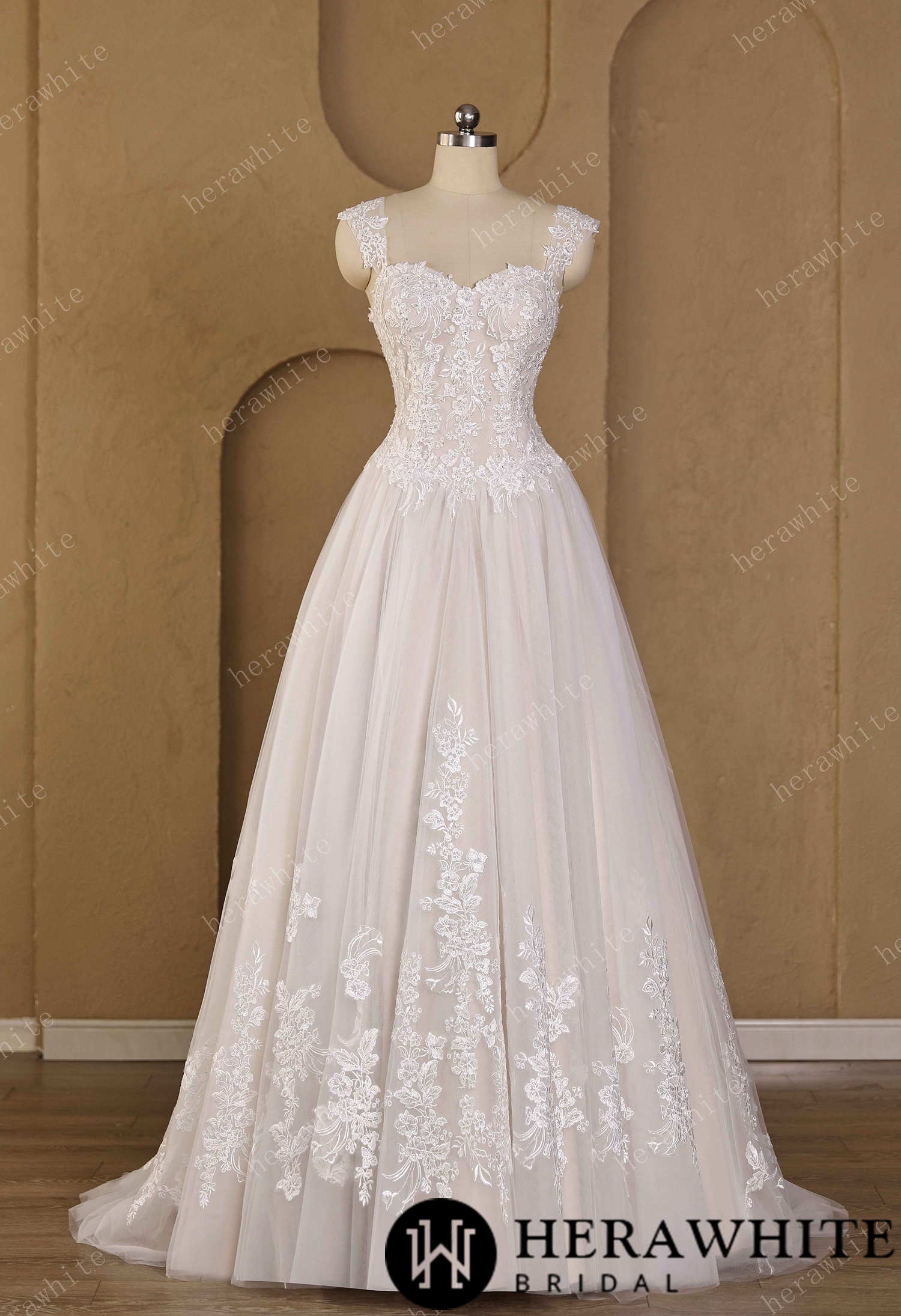 Sweetheart Floral Lace Ball Gown With Illusion Straps & Corset Back
