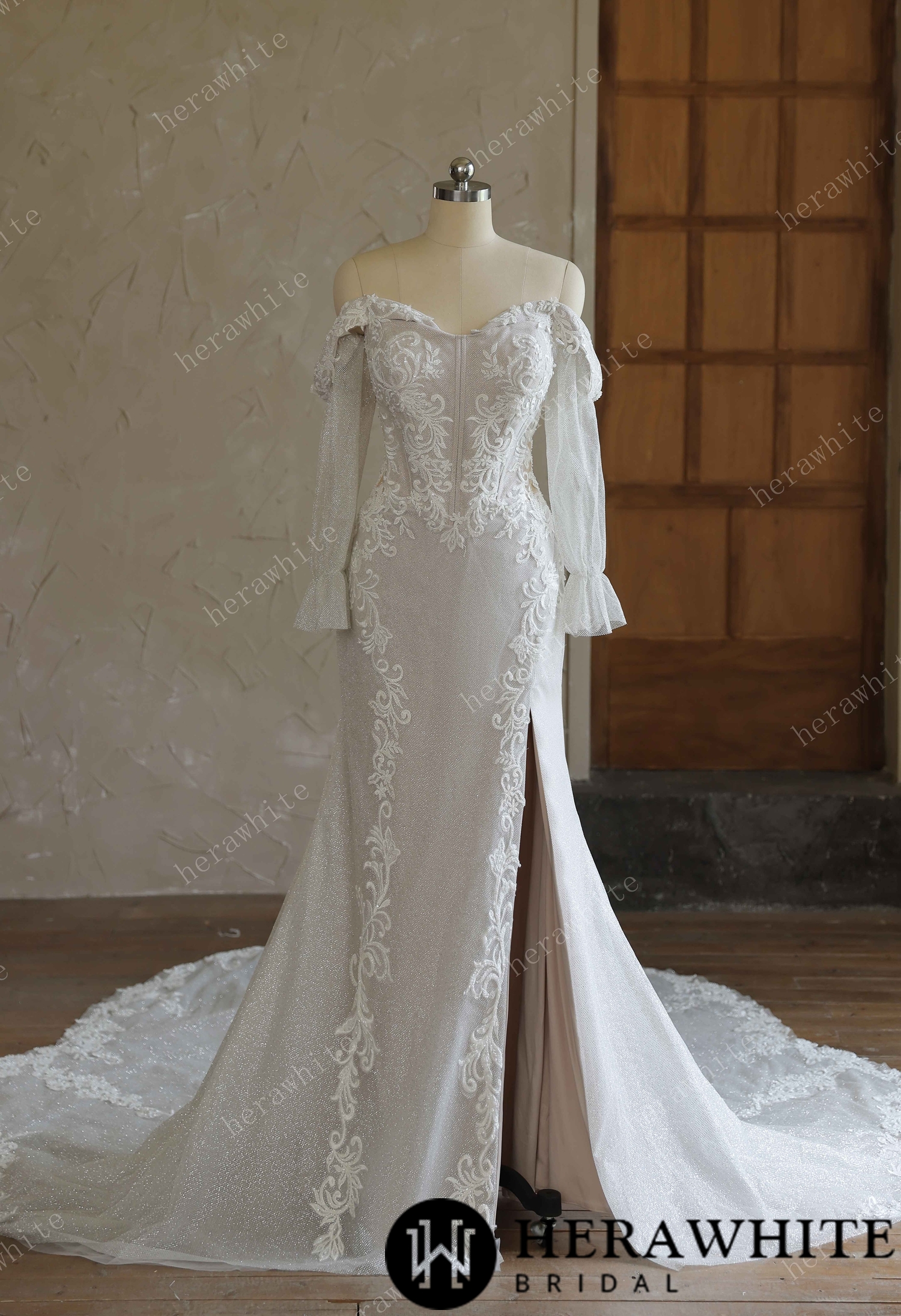 Off-the-Shoulder Sequin Lace Fit-and-Flare Wedding Gown With Lotus Train