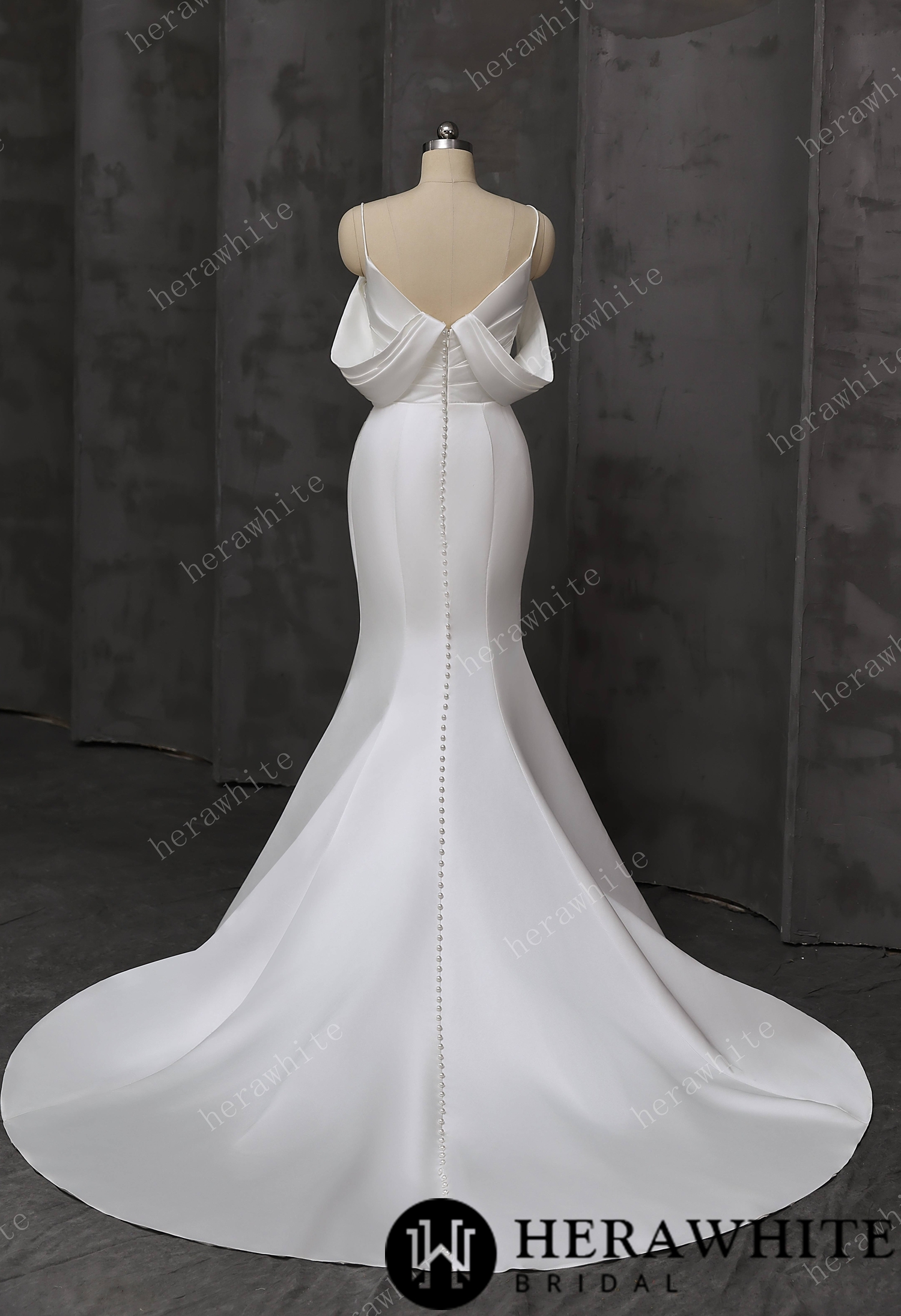 Draped Satin Fit-and-Flare Wedding Gown With Detachable Off-Shoulder Cape Sleeves & Beaded Neckline