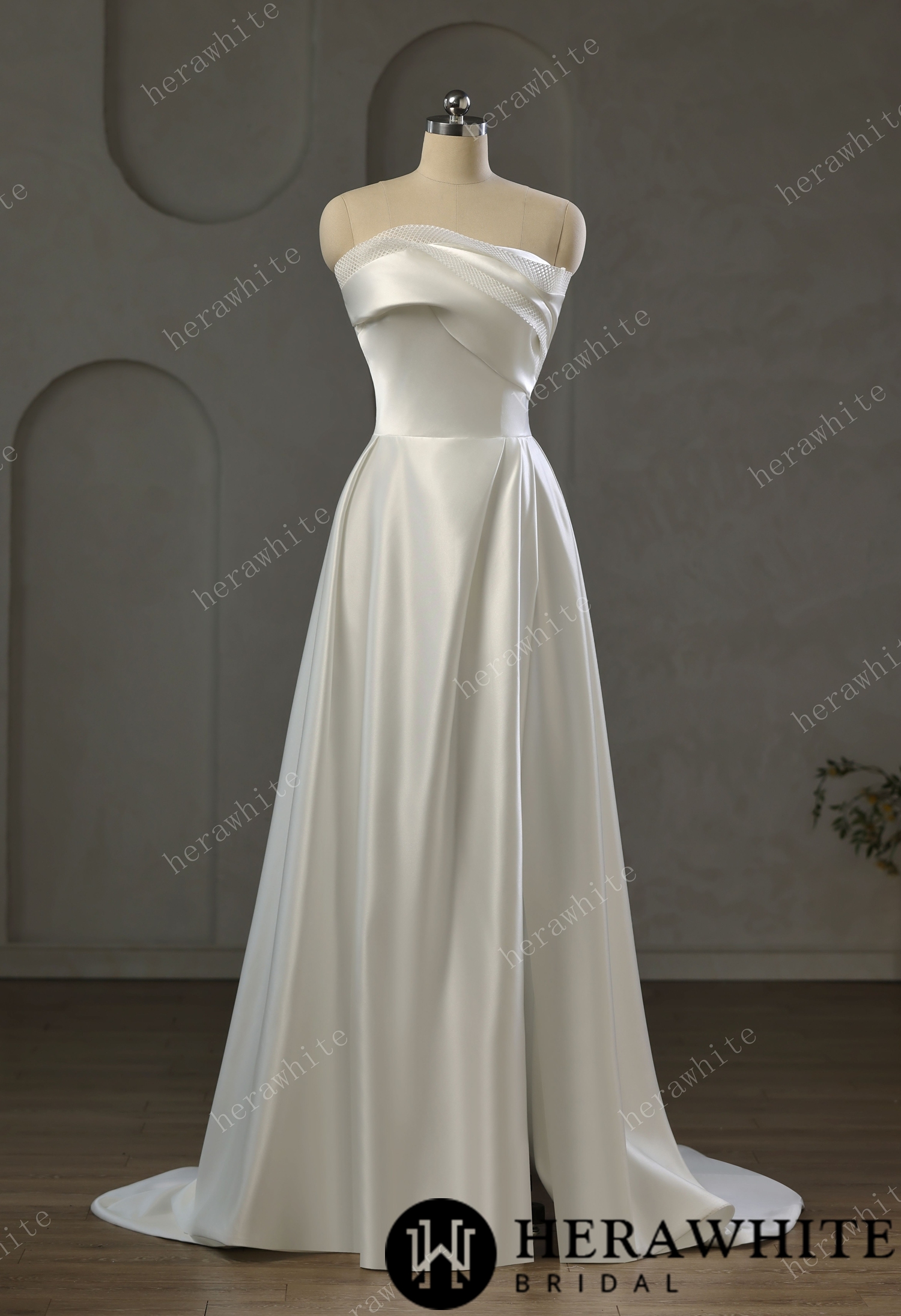 Strapless Draped Satin A-line Wedding Gown With Front Slit