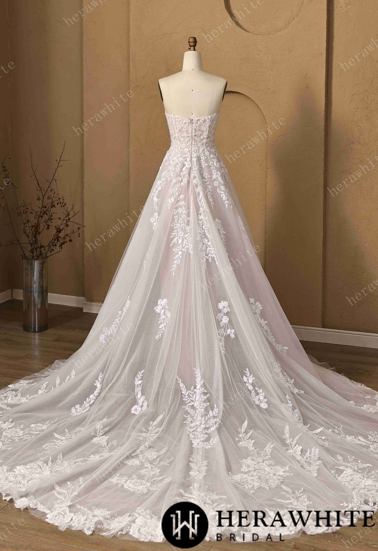 Floral Lace A-line Wedding Gown With Illusion Plunge Bodice & Strapless V-neck