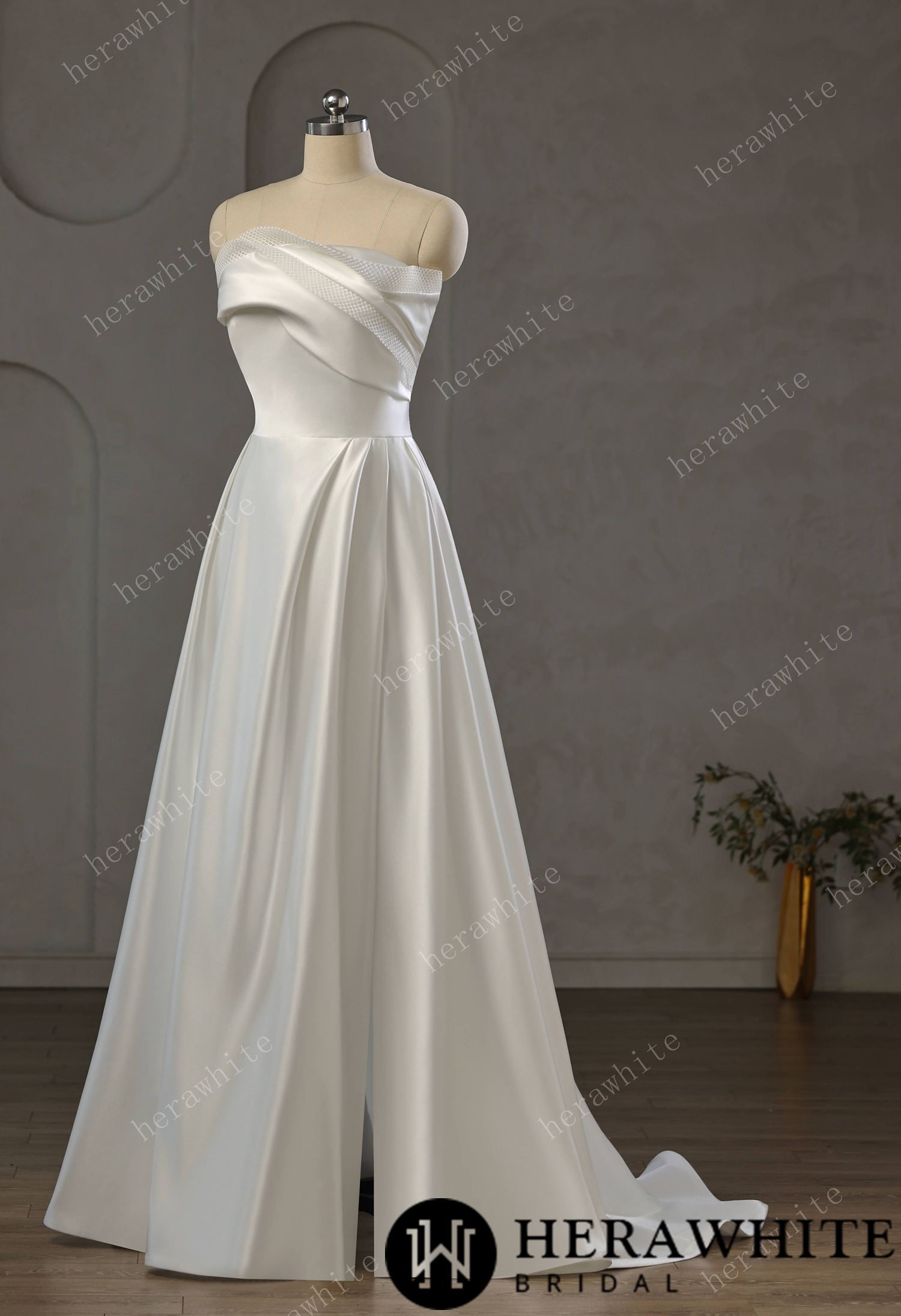 Strapless Draped Satin A-line Wedding Gown With Front Slit