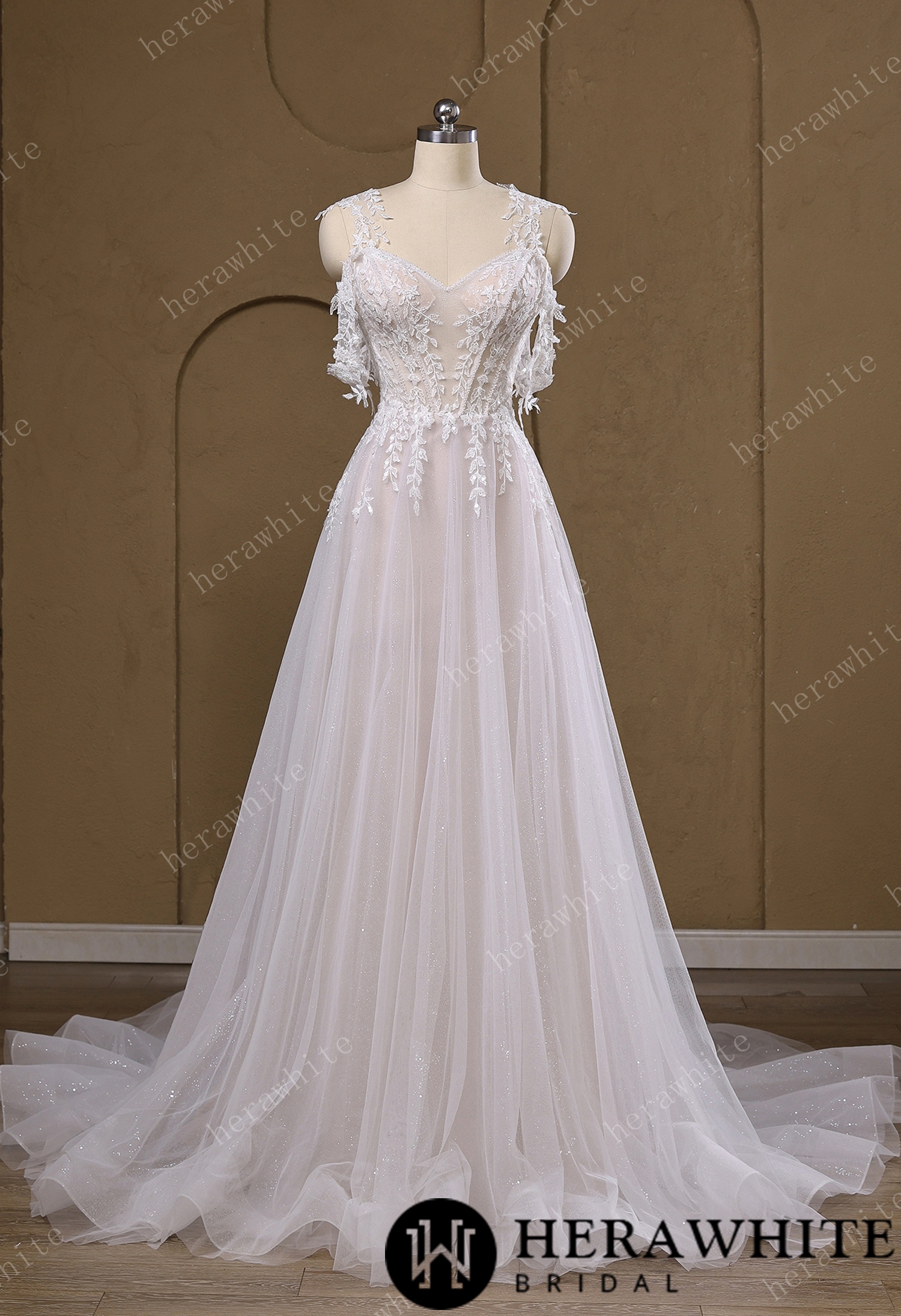 Lace A-Line Wedding Gown With Detachable Off-Shoulder Sleeves & Glitter Tulle Skirt